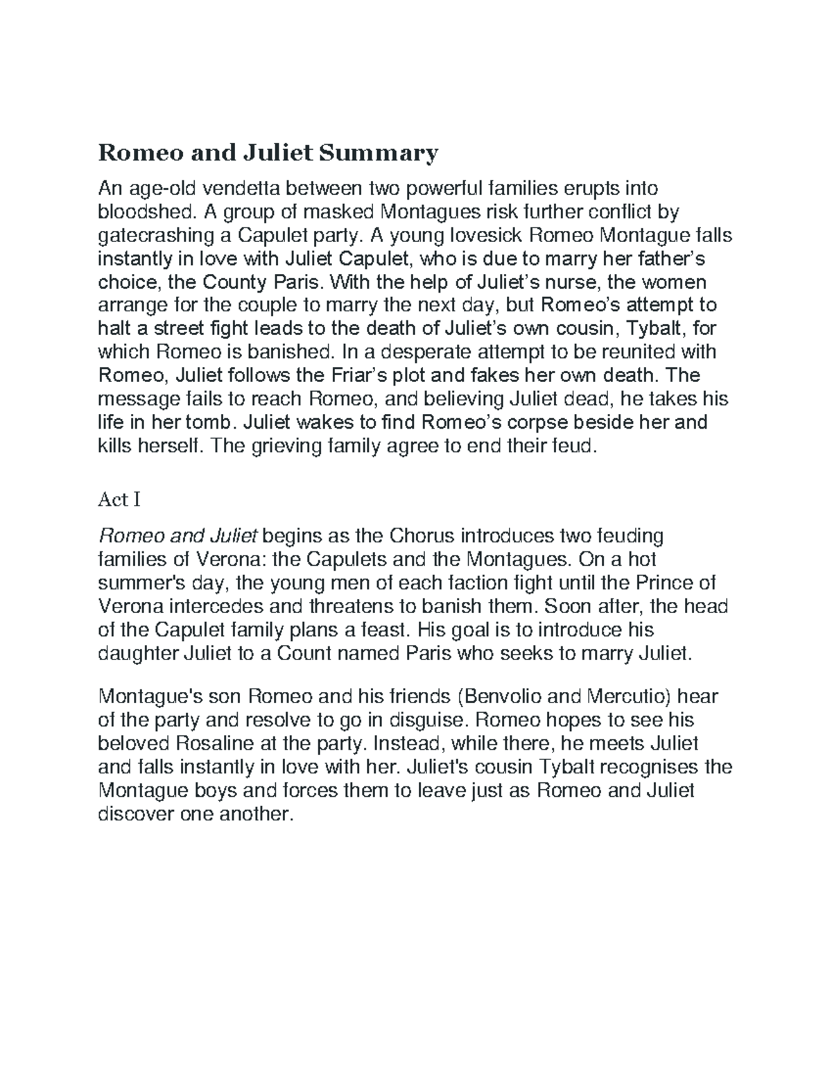 romeo and juliet summary essay pdf