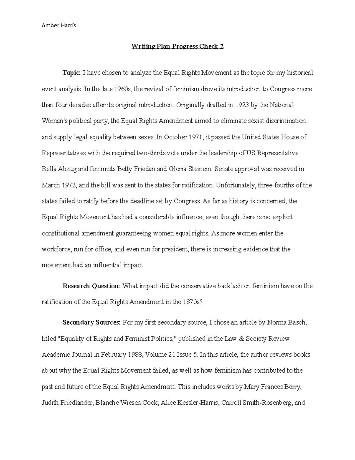 Amber Harris HIS 200 Writing Plan Progress Check 2 - Amber Harris ...