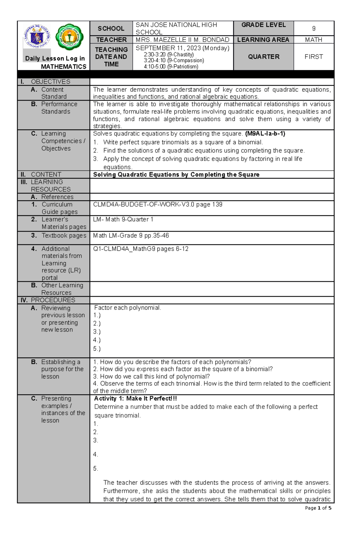 Math9 DLL Sep 11 - Daily Lesson Log - Daily Lesson Log in MATHEMATICS ...
