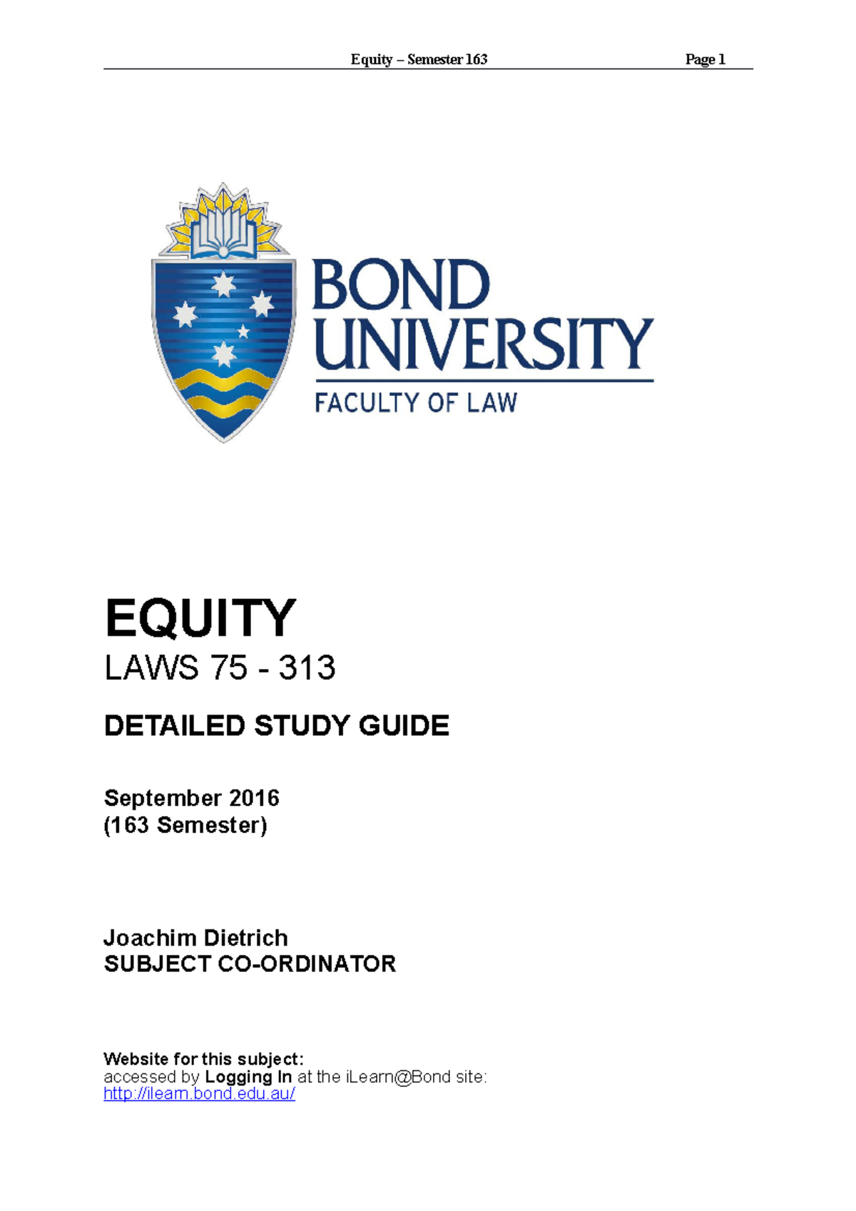 163 Full Equity Lecture Notes 1 Equity Semester 163 Equity Laws
