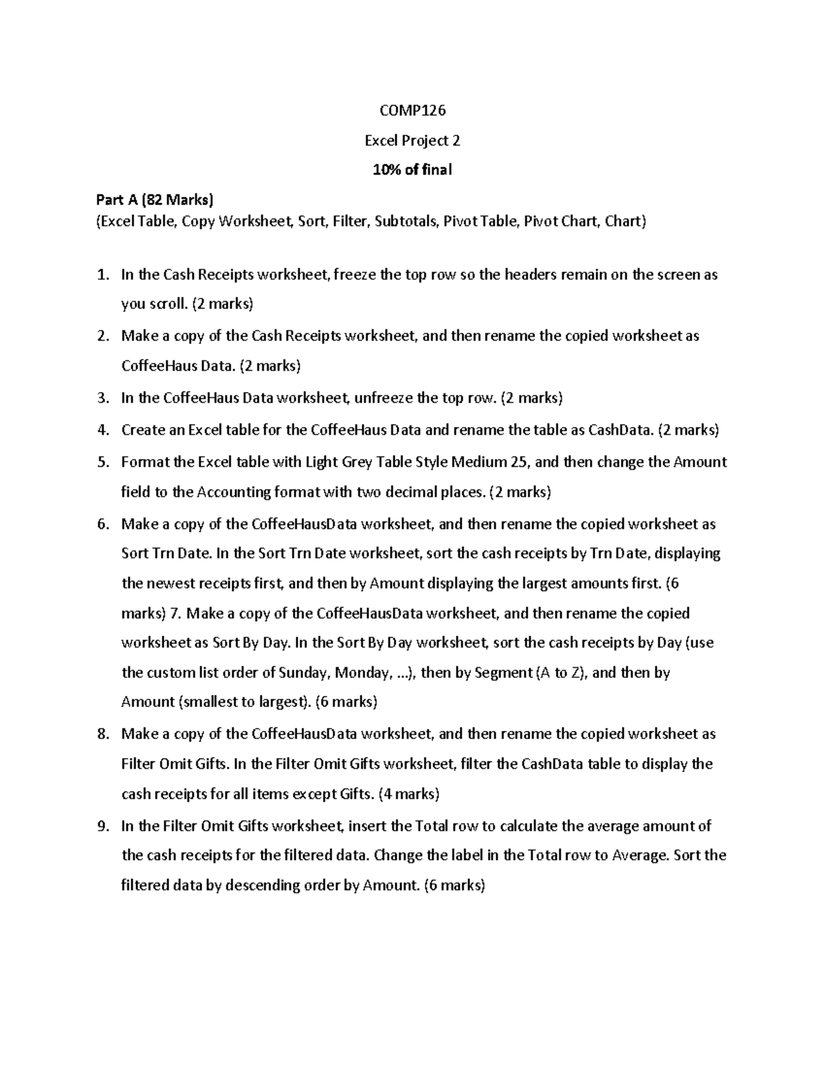 Excel Project 2 Instructions Comp Excel Project 2 10 Of Final Part A