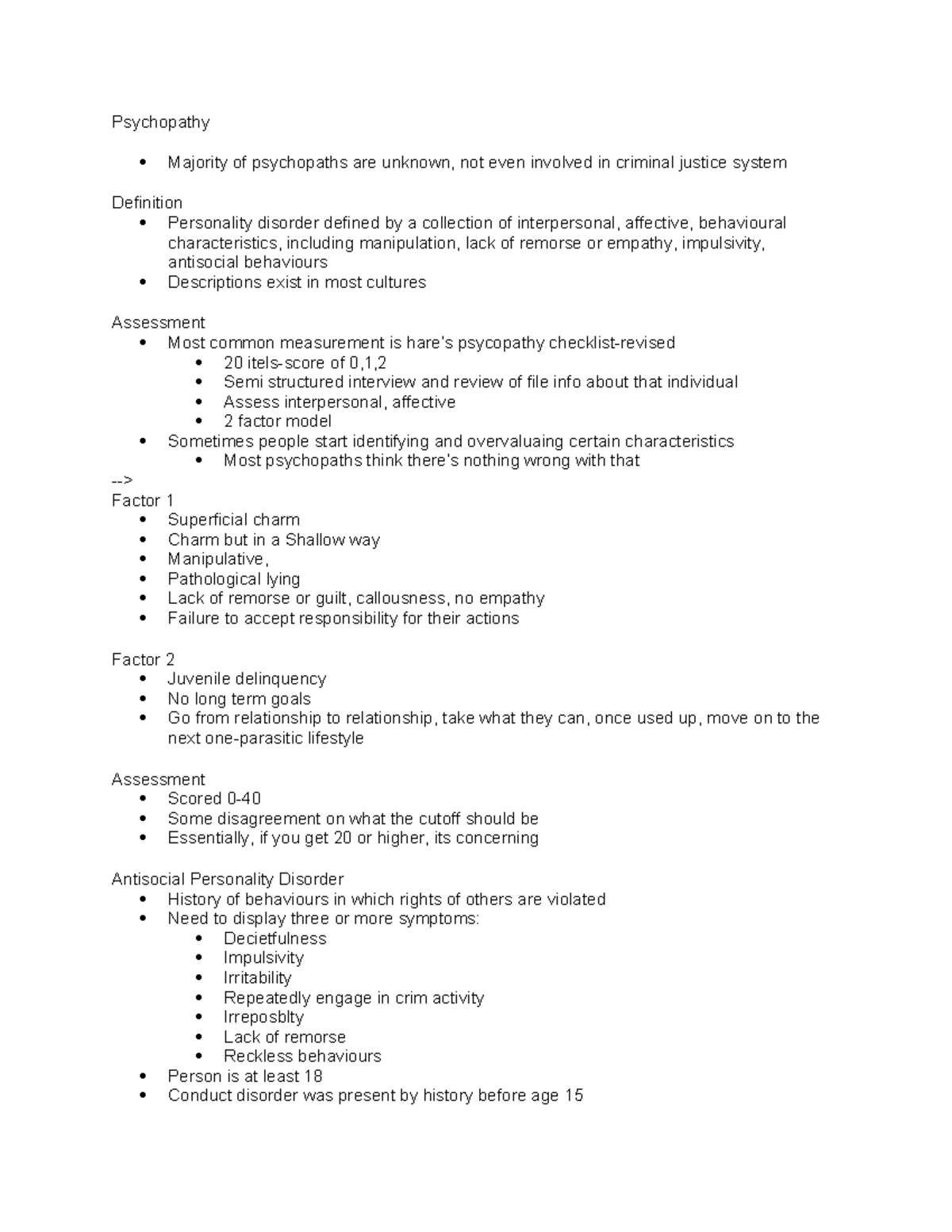 Psychopathy part 1 - lecture notes - Psychopathy Majority of ...