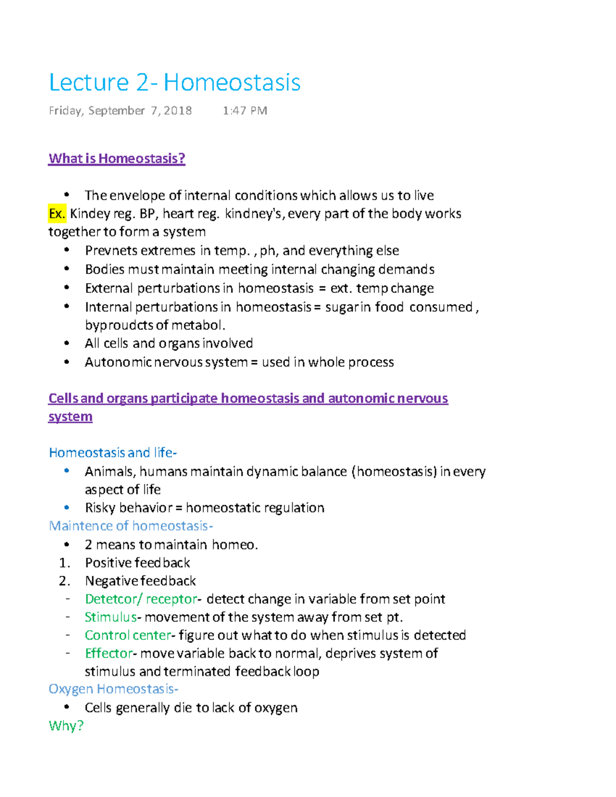 Lecture 2- Homeostasis - Lecture Homeostasis Friday, September 7, 2018 ...