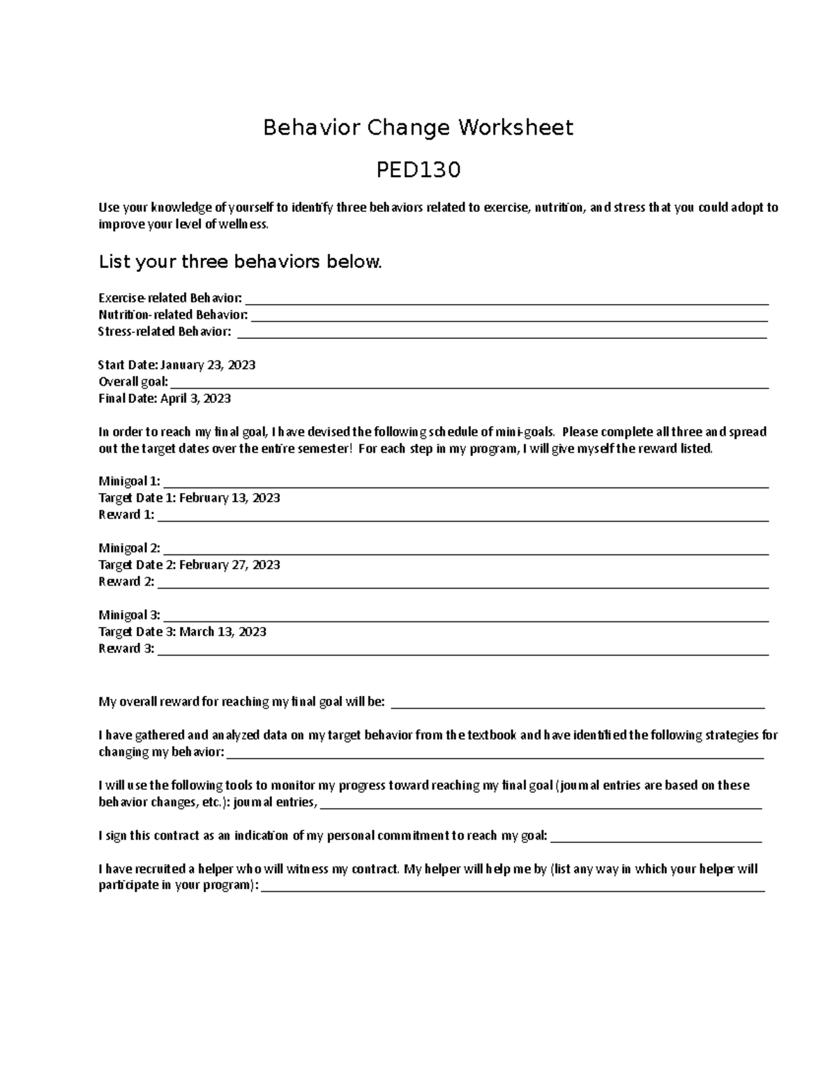 Behavior Change Worksheet SP23 PED130 - Behavior Change Worksheet PED ...
