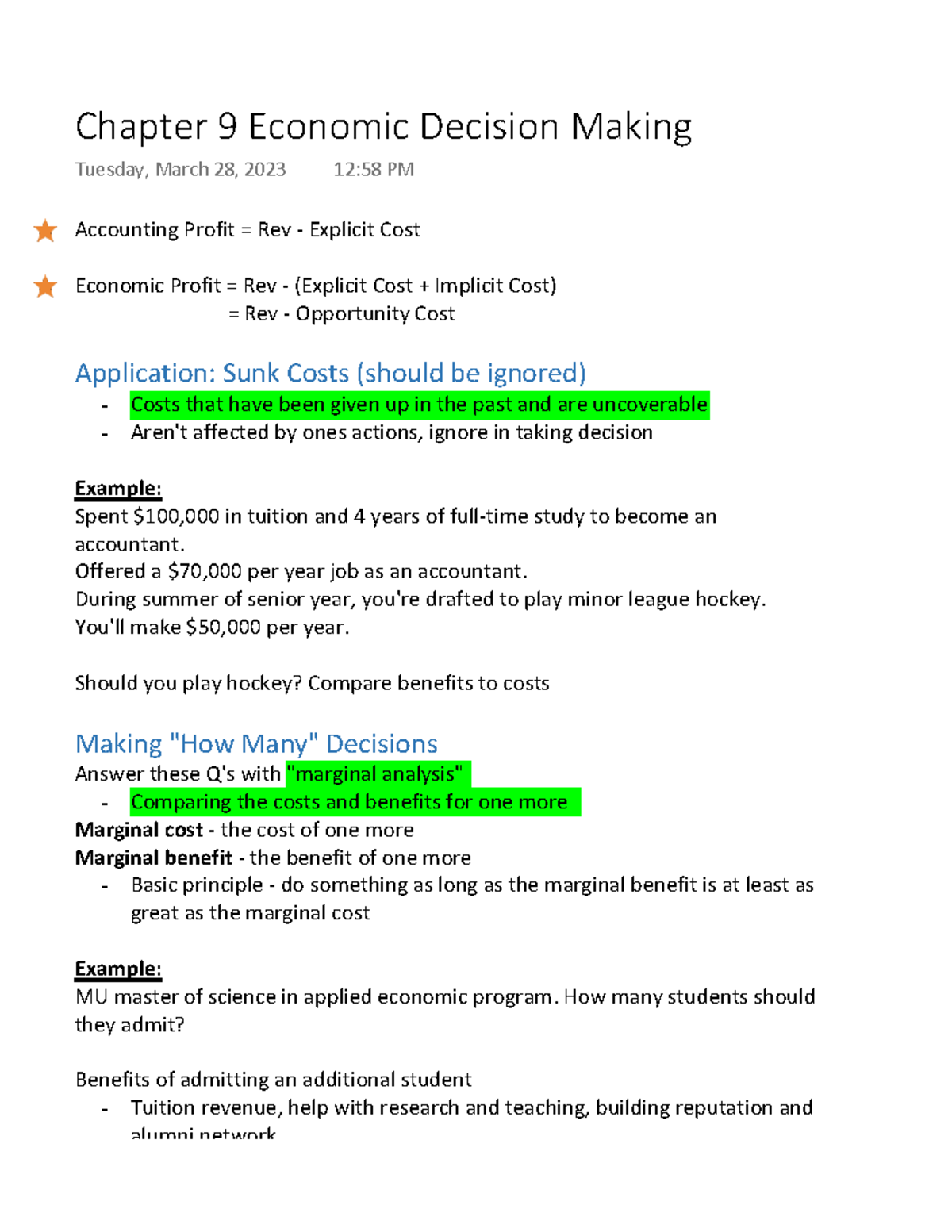 Mirco Chapter 9 Economic Decision Making Notes - Accounting Profit ...