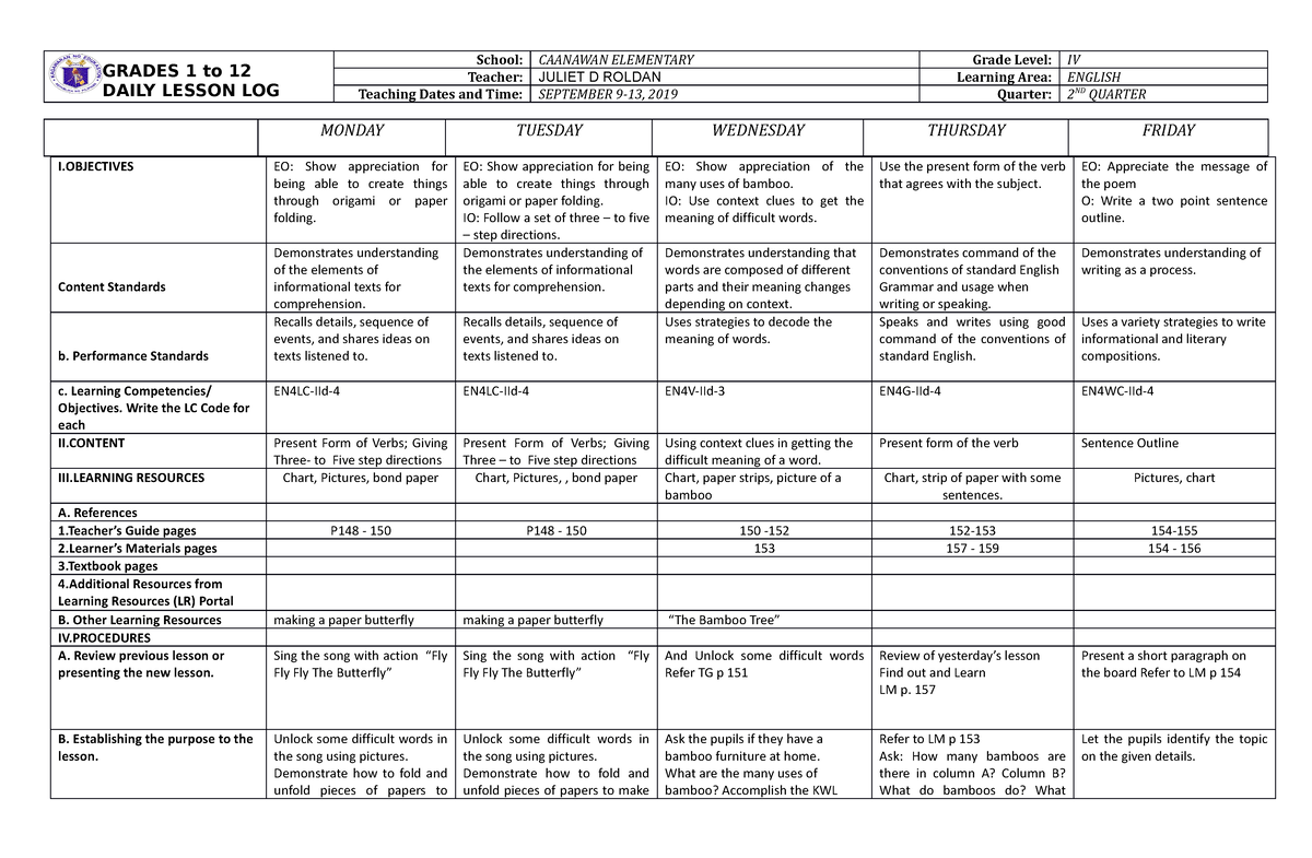 DLL English 4 Q2 W4 - DLL - GRADES 1 To 12 DAILY LESSON LOG School ...