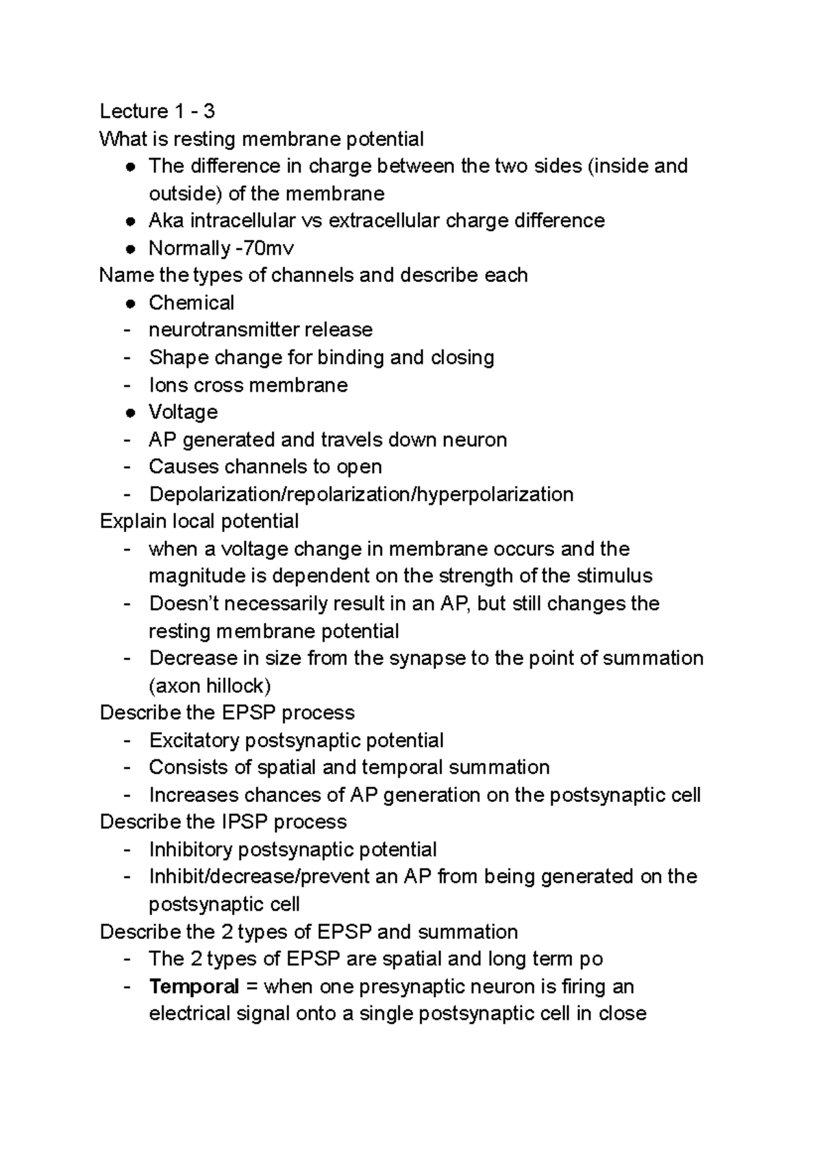 PHSL231 questions - Lecture 1 - 3 What is resting membrane potential ...