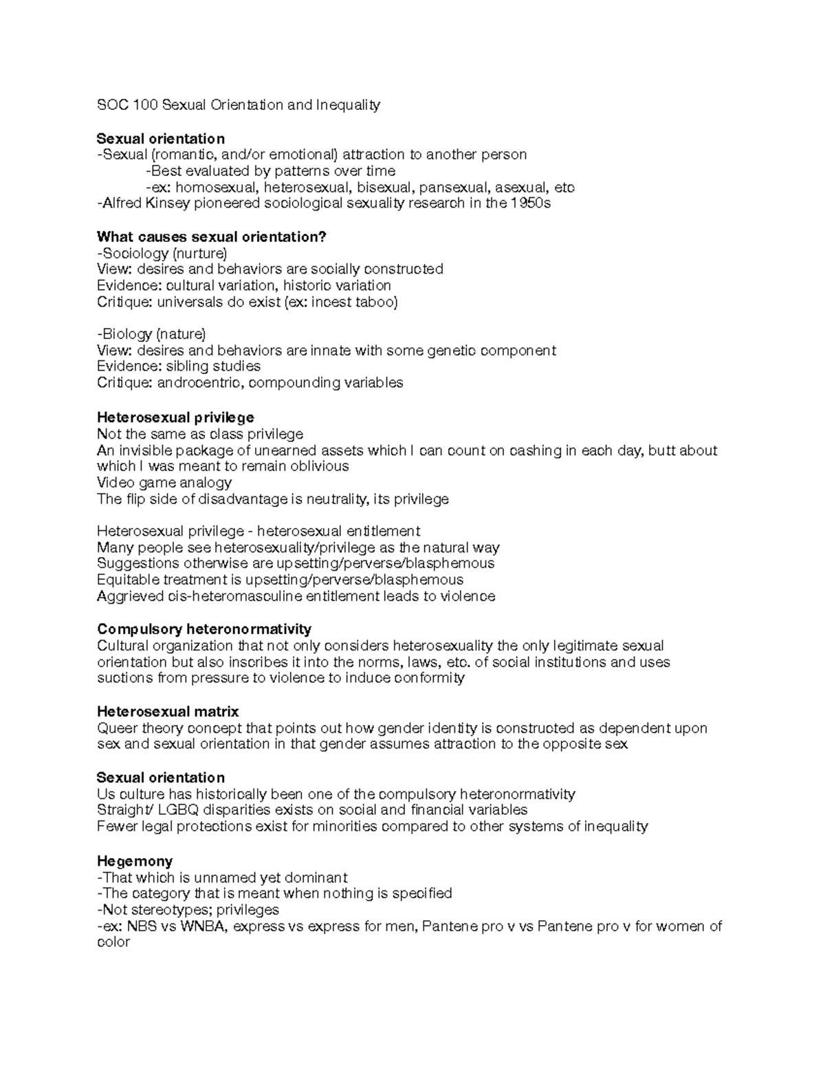 SOC March 3 - SOC 100 CHAPTER NOTES - SOC 100 Sexual Orientation and ...