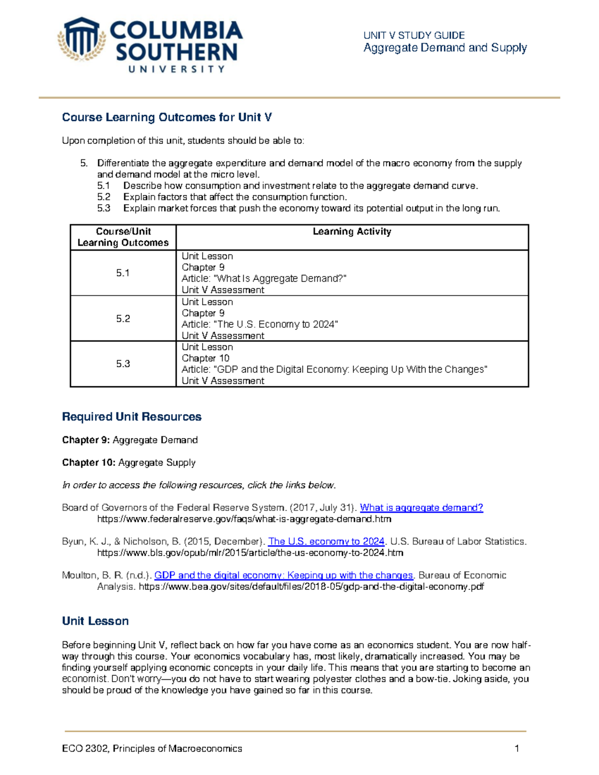 Unit 5 Study Guide Macroeconomics - Course Learning Outcomes For Unit V ...