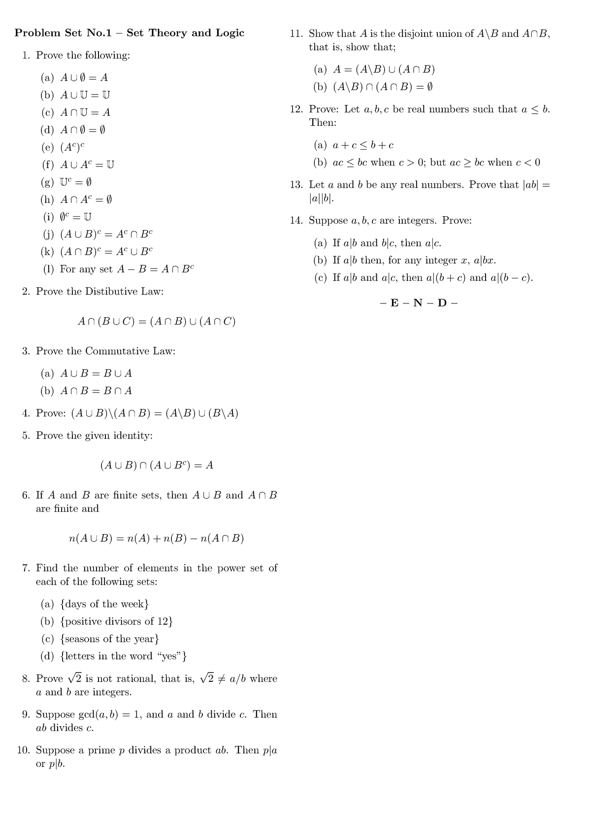 PS No. 1 - Problem Exercises For Set Theory - Problem Set No – Set ...