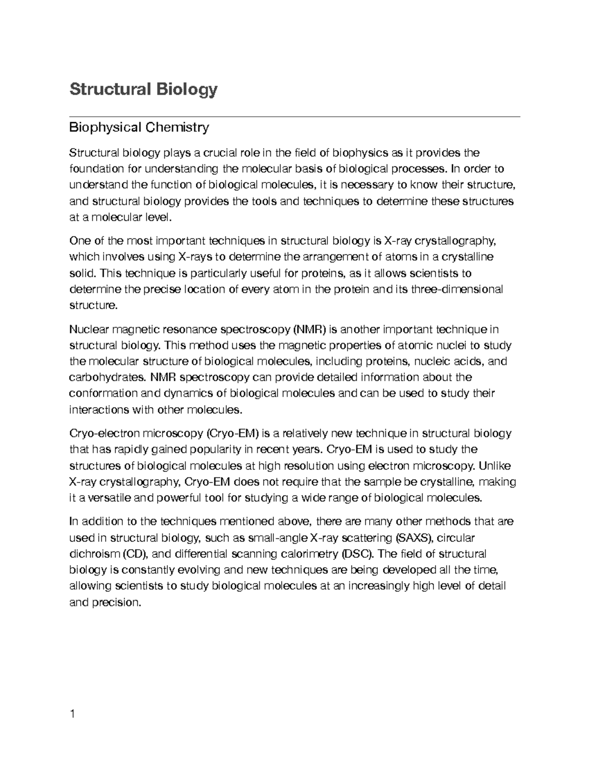 Structural Biology Summary and Vocab Structural Biology Biophysical