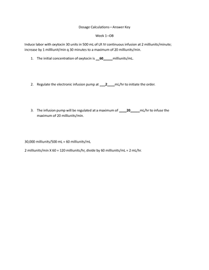 Dosage Calculation Practice OB Wk 2 Answer Key - Dosage Calculation ...