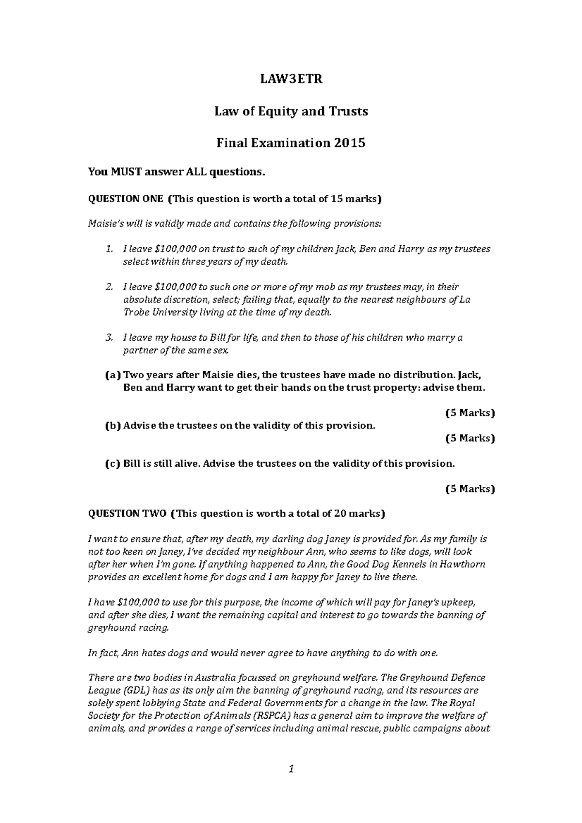 Exam final 2 2015, questions - LAW3ETR Law of Equity and Trusts Final ...