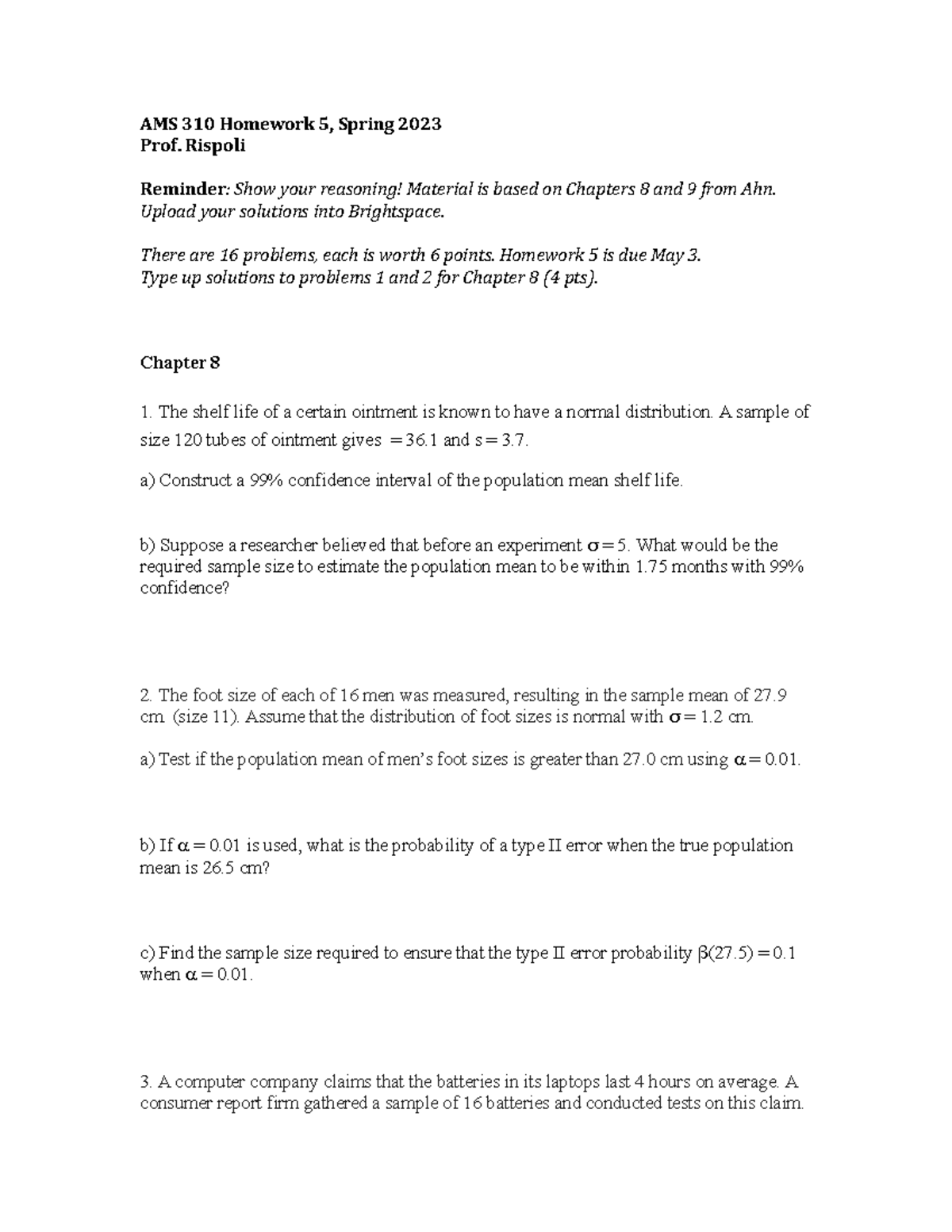 AMS 310 Homework 5: Confidence Intervals Hypothesis Testing and Sample ...