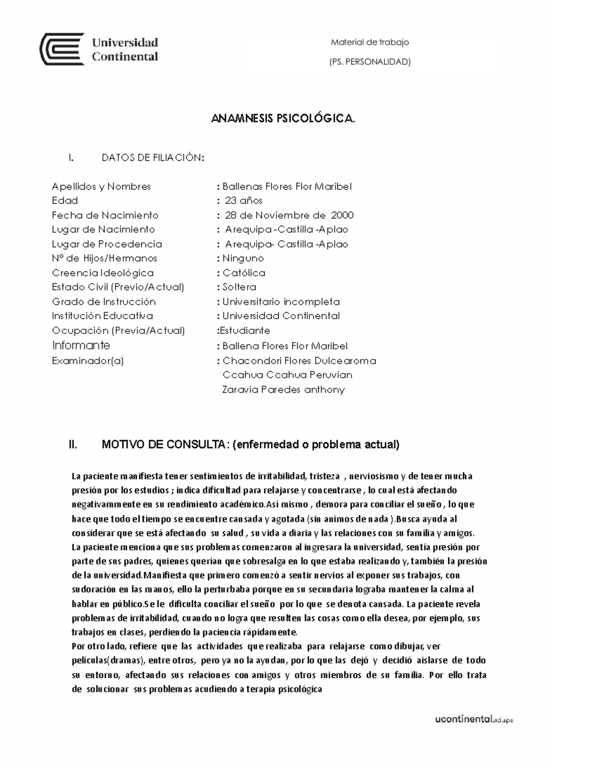 Anamnesis Psicologicapdf Trabajo Final Anamnesis PsicolÓgica I Datos De FiliaciÓn 1847