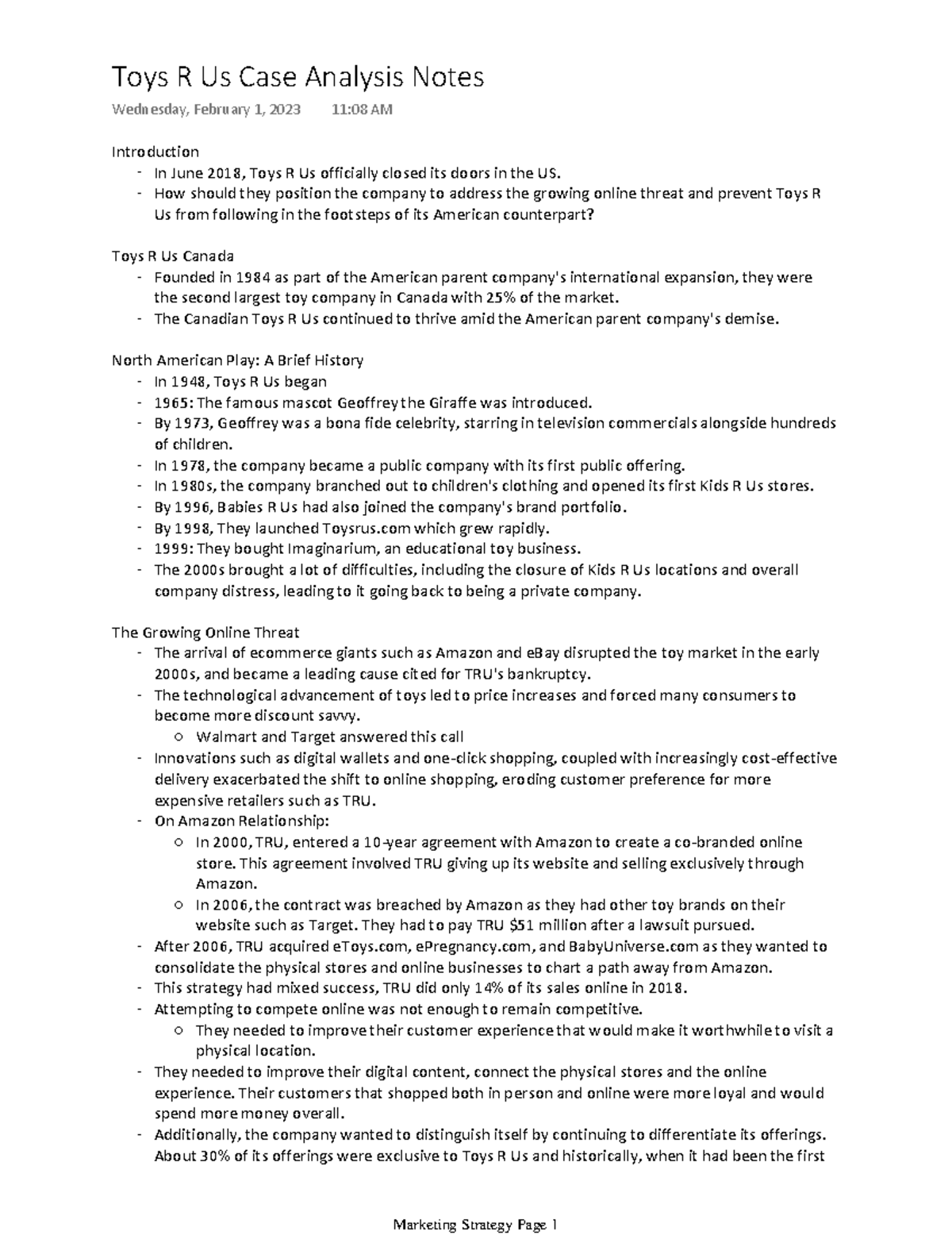 Toys R Us Case Analysis Notes Introduction In June 2018, Toys R Us officially closed its