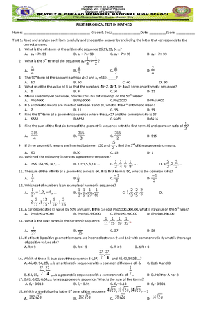 Mastery TEST (q3) - MASTERY TEST IN MATHEMATICS 10 – QUARTER III Name ...