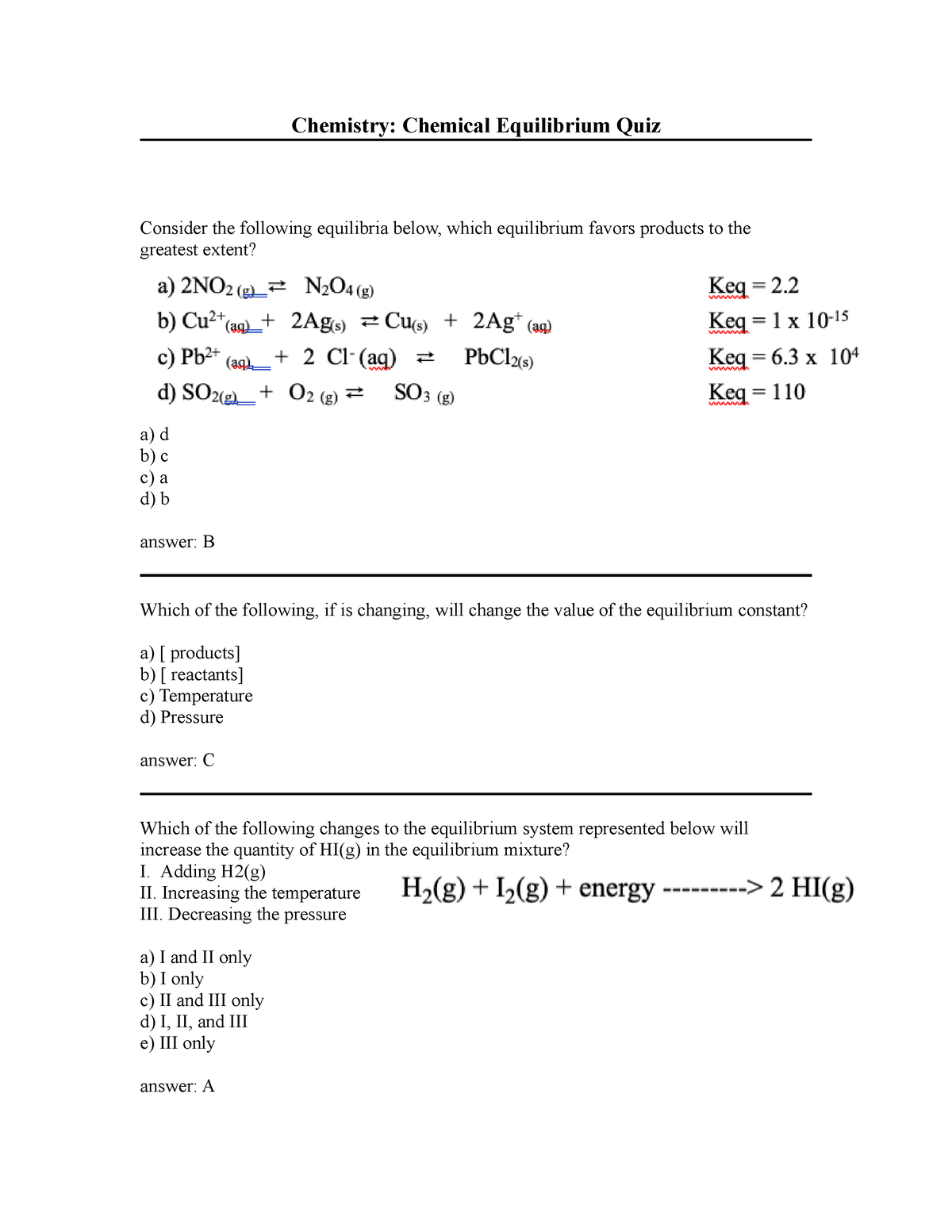 Chemical Equilibrium - Chemistry: Chemical Equilibrium Quiz Consider ...