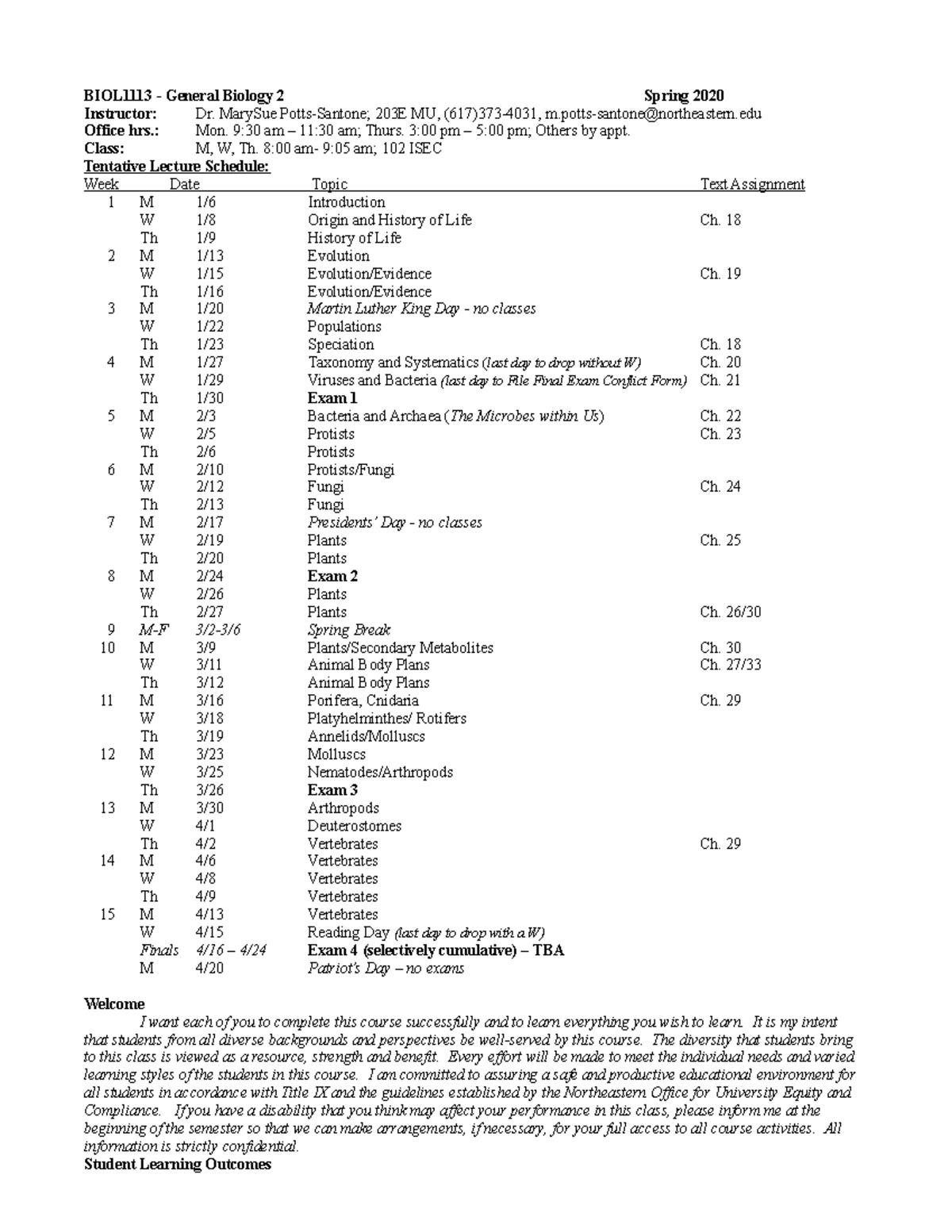 BIOL2syll-Sp20 - Syllabus - BIOL1113 - General Biology 2 Spring 2020 ...