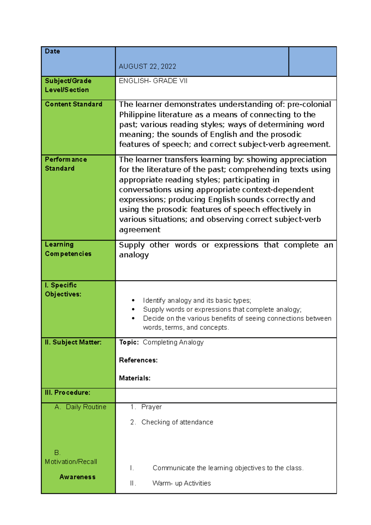 Lesson PLAN Grade 7 Date AUGUST 22 2022 Subject Grade Level Section