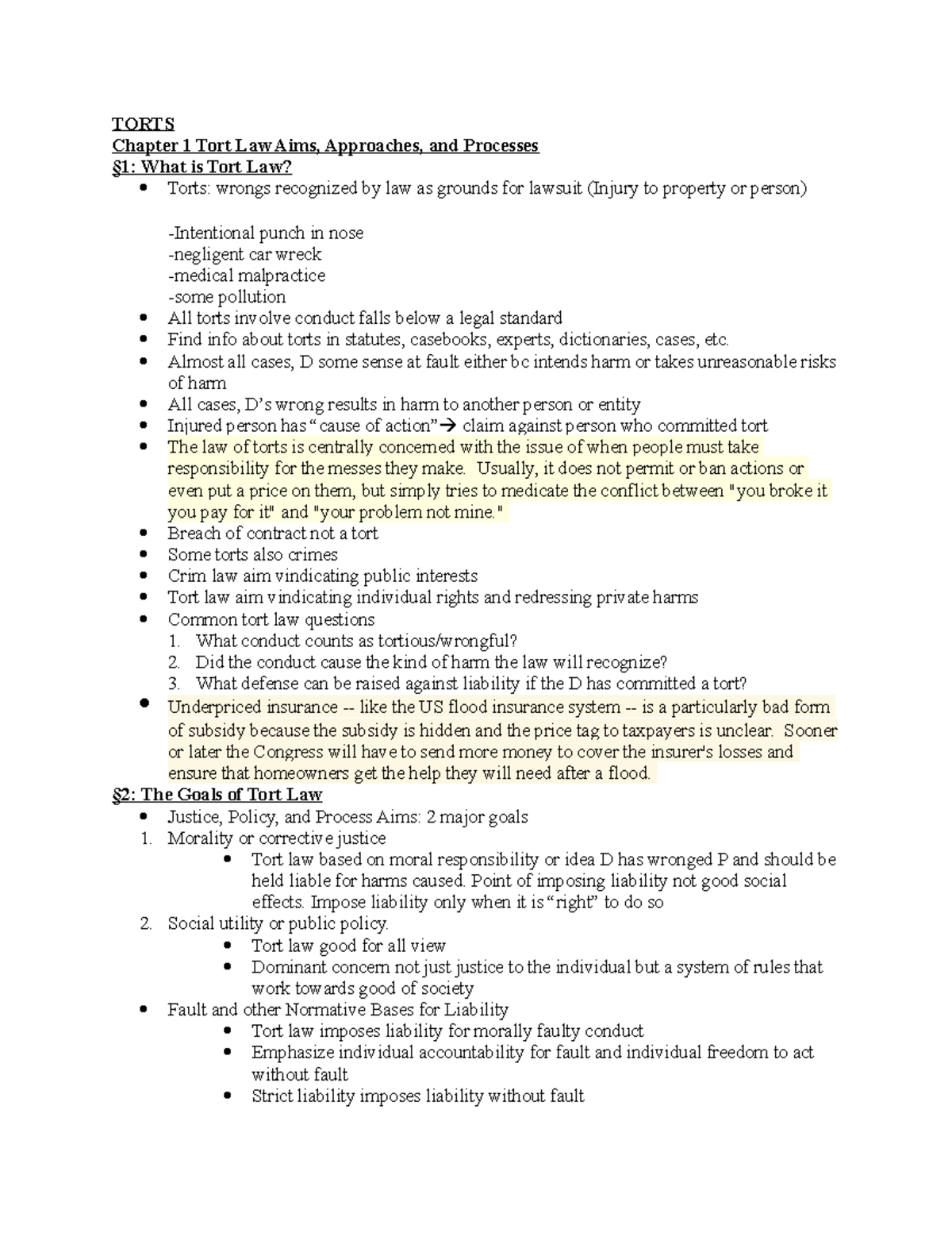 Torts Full Course Outline - TORTS Chapter 1 Tort Law Aims, Approaches ...