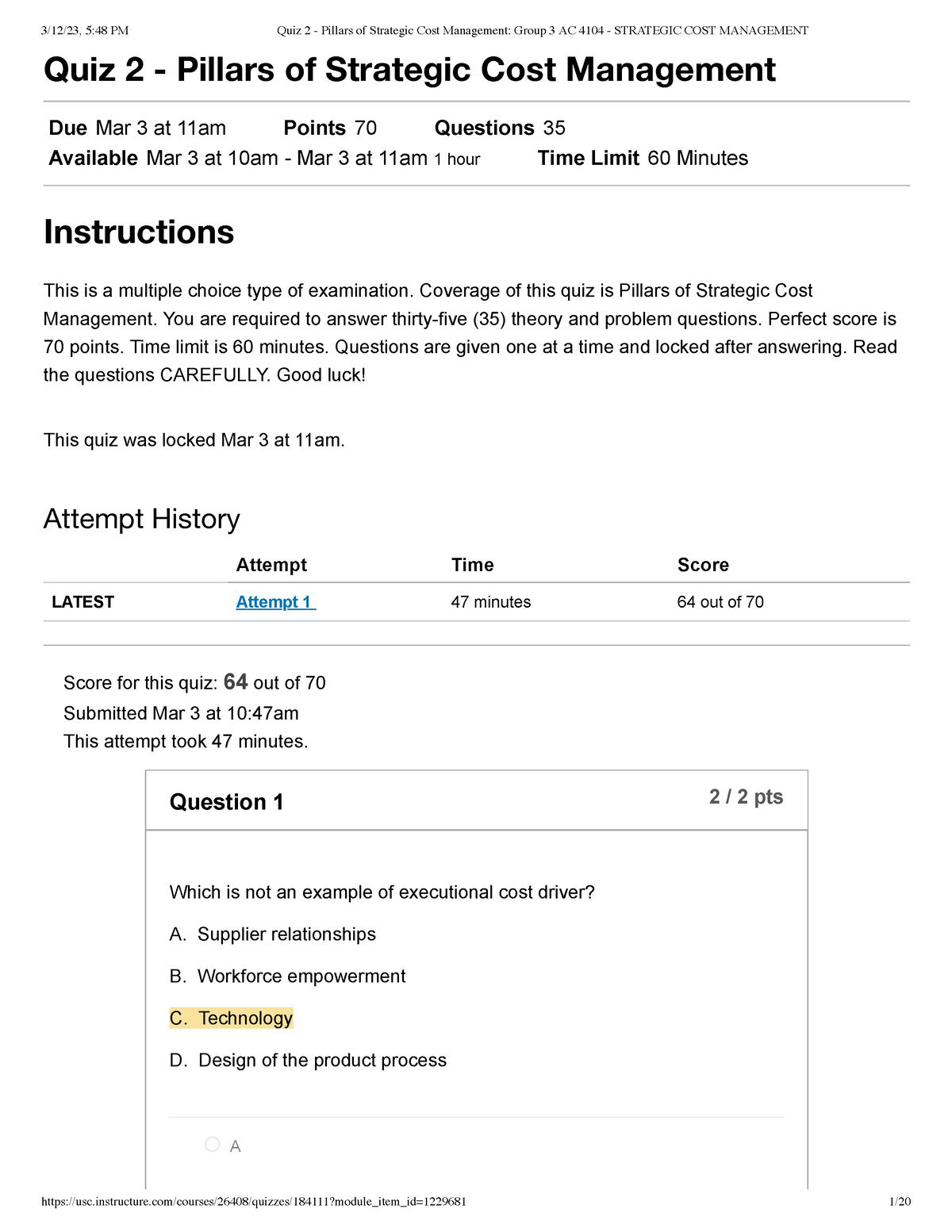 Pillars of Strategic Cost Management - Attempt History Attempt Time ...