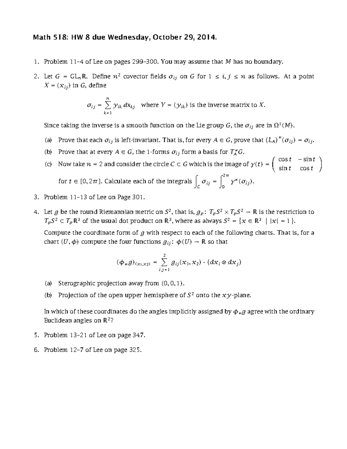 Homework 08 2014 - Math 518: HW 8 due Wednesday, October 29, 2014. 1 ...