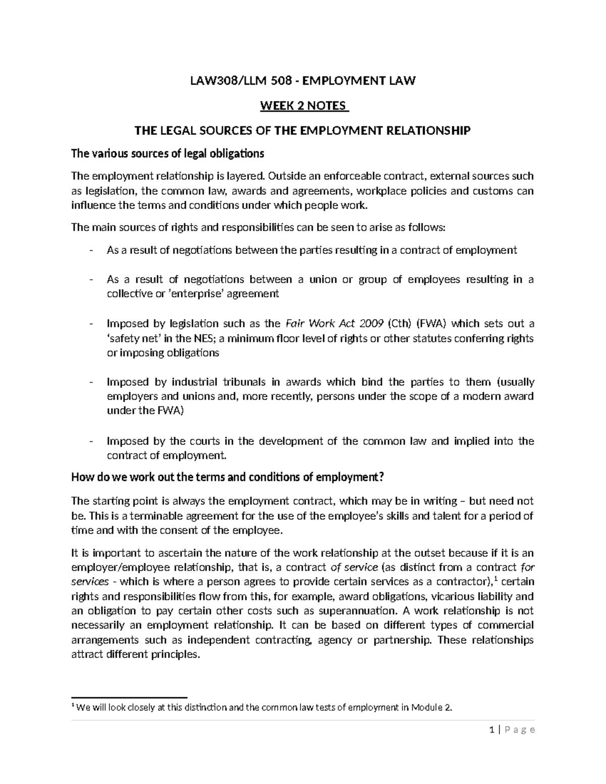 Week 2 Notes amd Readings - LAW308/LLM 508 - EMPLOYMENT LAW WEEK 2 ...