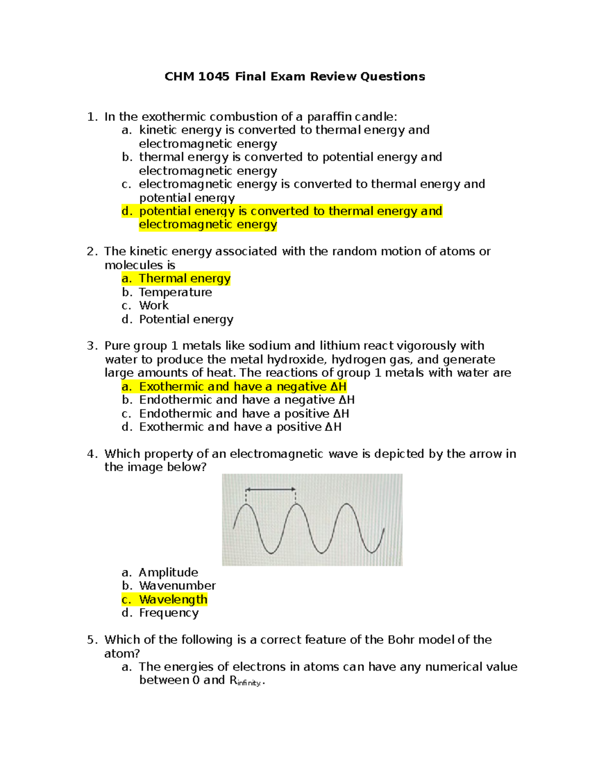 CHM 1045 Final Review Questions - CHM 1045 Final Exam Review Questions ...