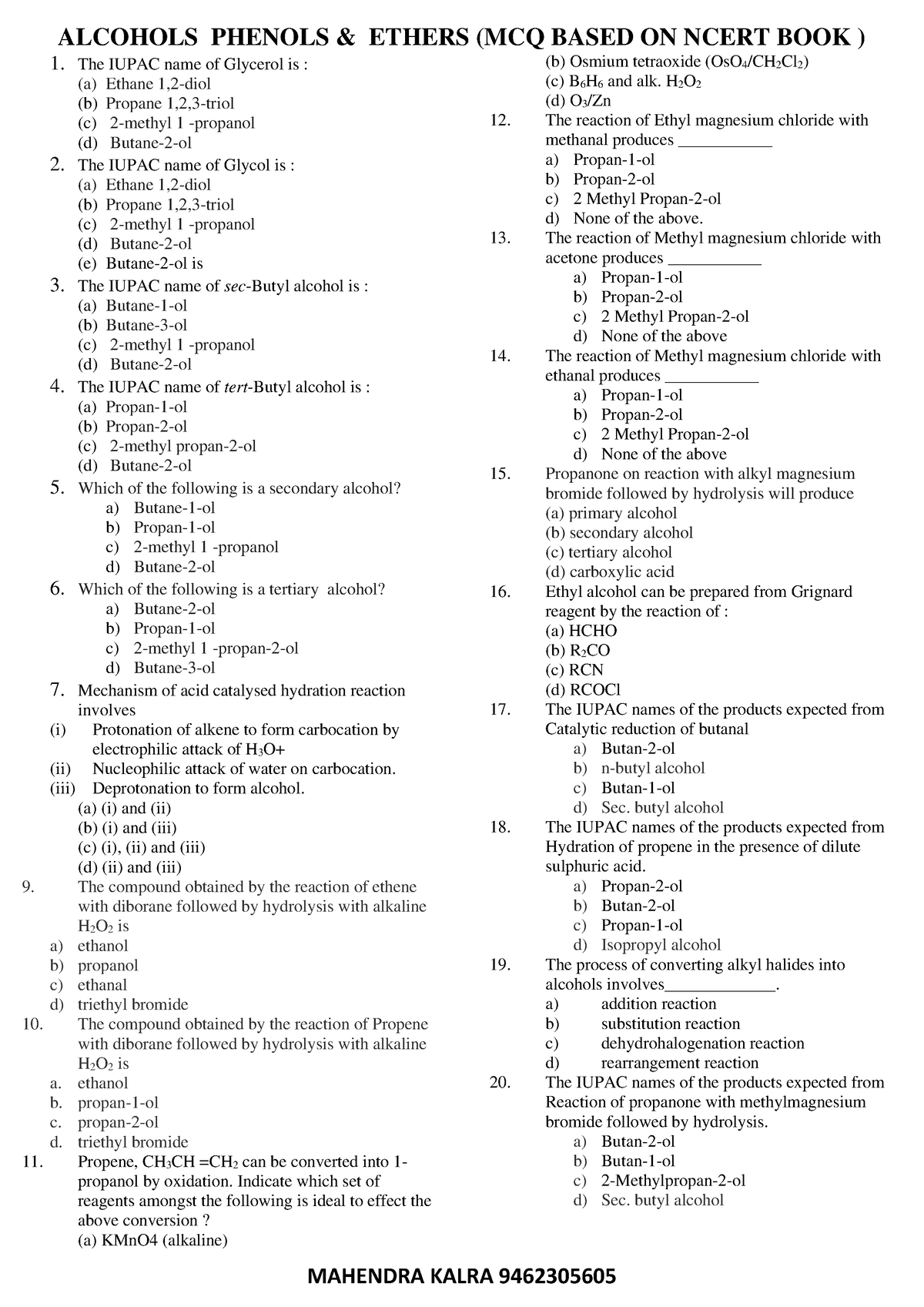 Alcohols Phenols Ethers MCQ - ALCOHOLS PHENOLS & ETHERS (MCQ BASED ON ...