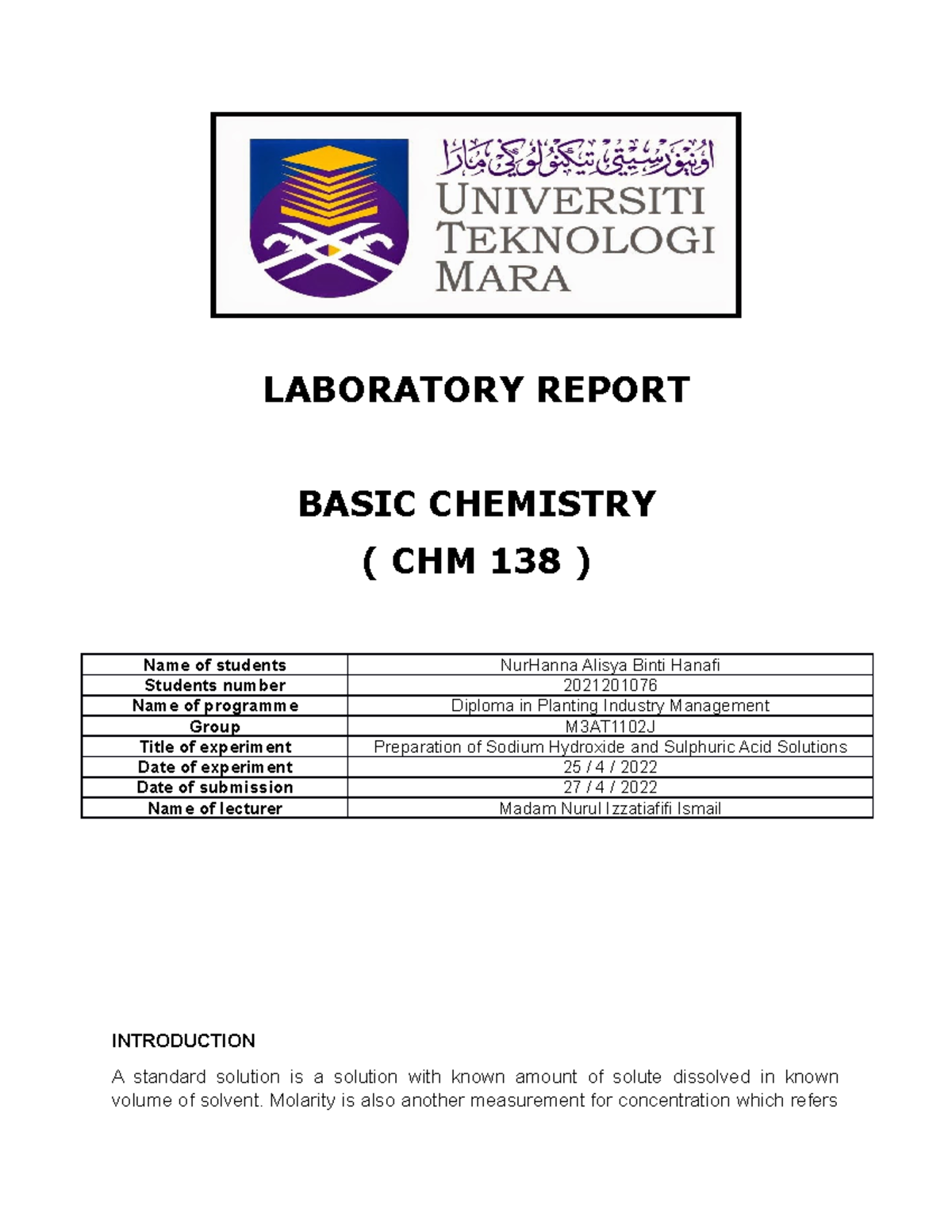 LAB Report 3 CHM138 - LABORATORY REPORT BASIC CHEMISTRY ( CHM 138 ...