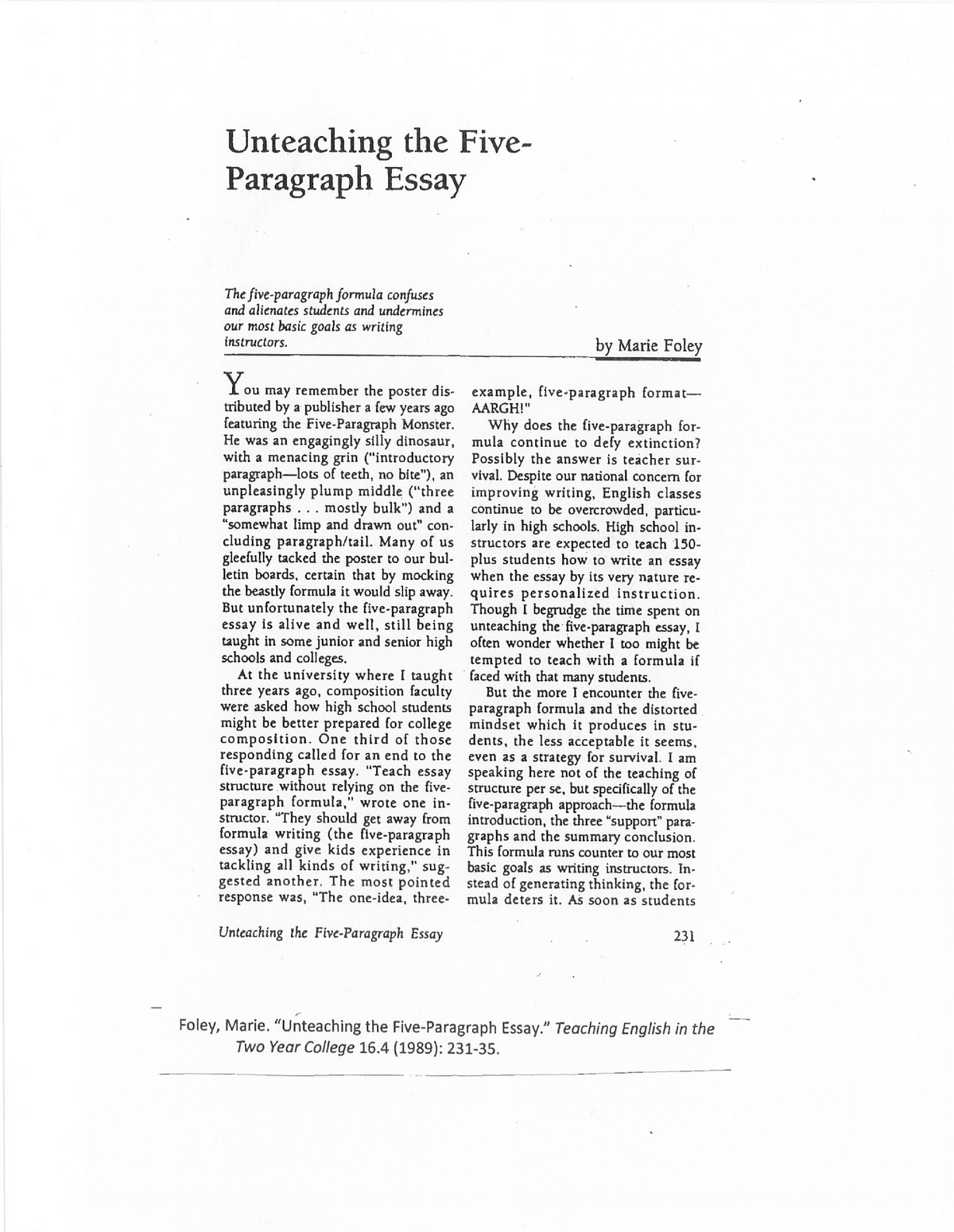 unteaching the five paragraph essay by marie foley