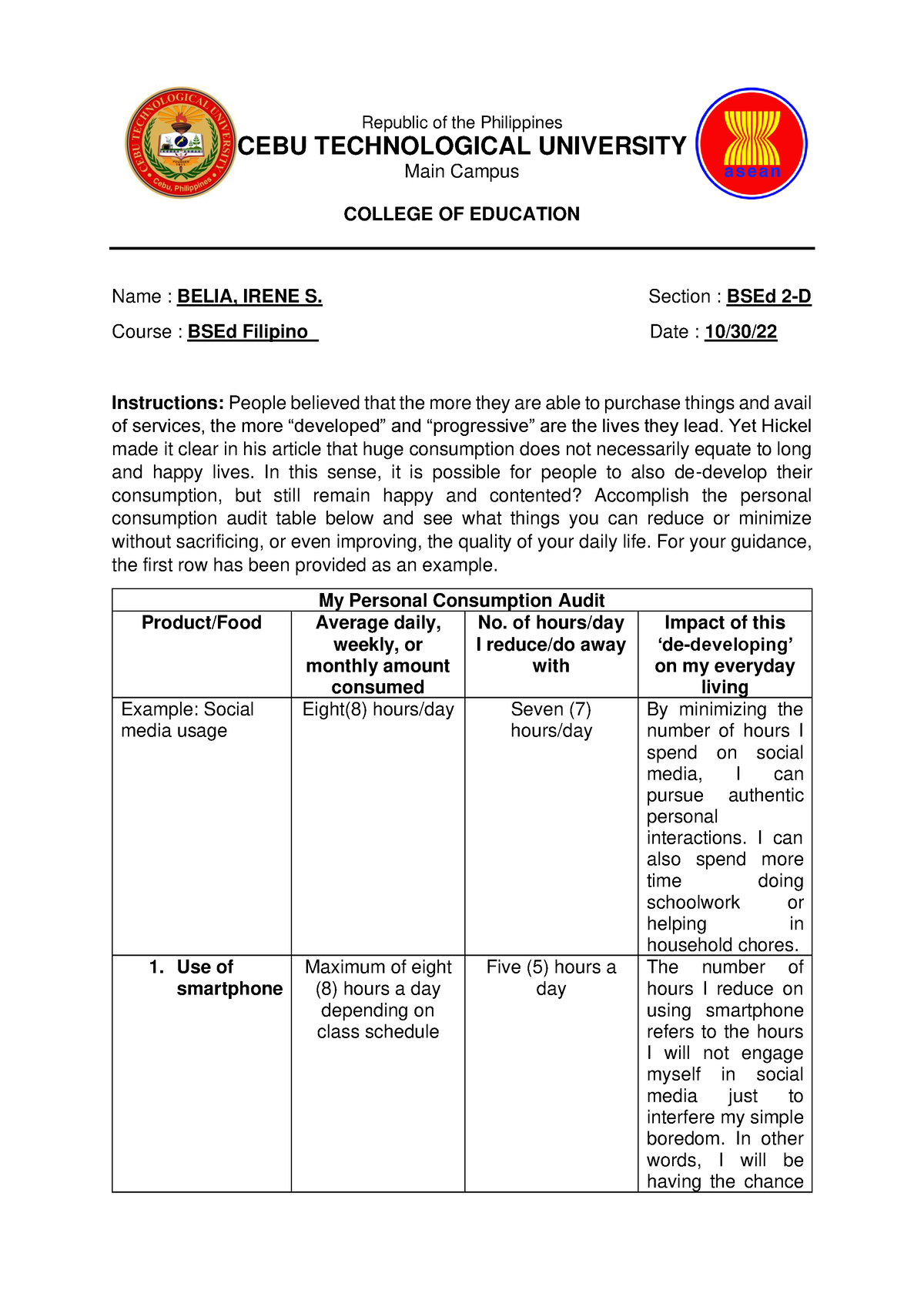 Belia Personal Consumption Audit GEC-STS - Republic of the Philippines ...