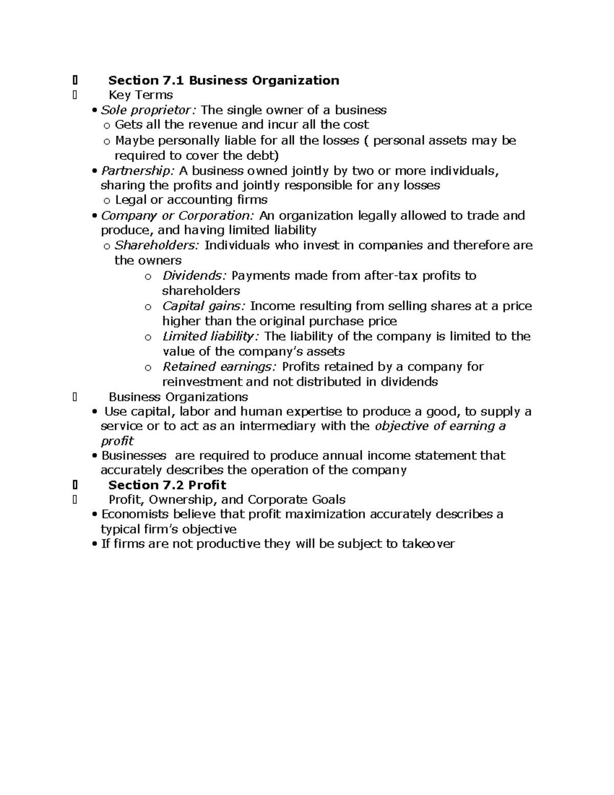 Chapter 7 - Section 7 Business Organization Key Terms Sole proprietor ...