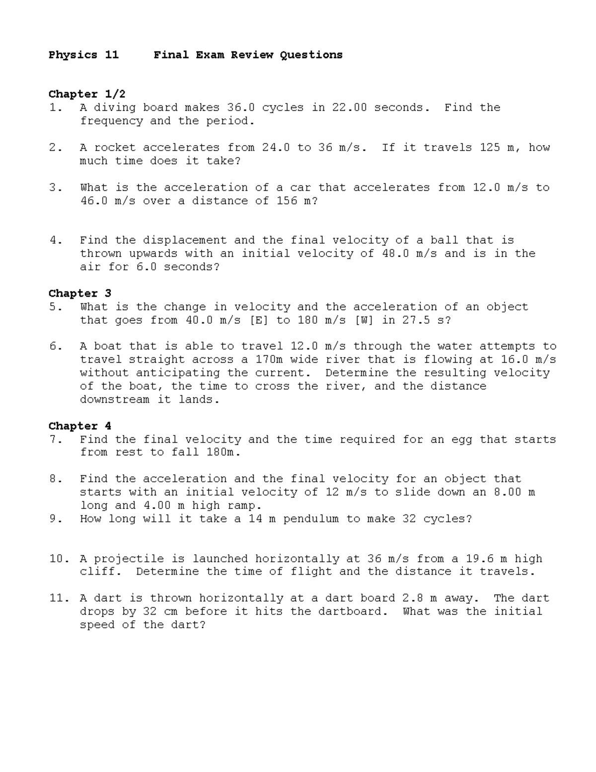 Finalexamreviewcombined 2 - Physics 11 Final Exam Review Questions ...