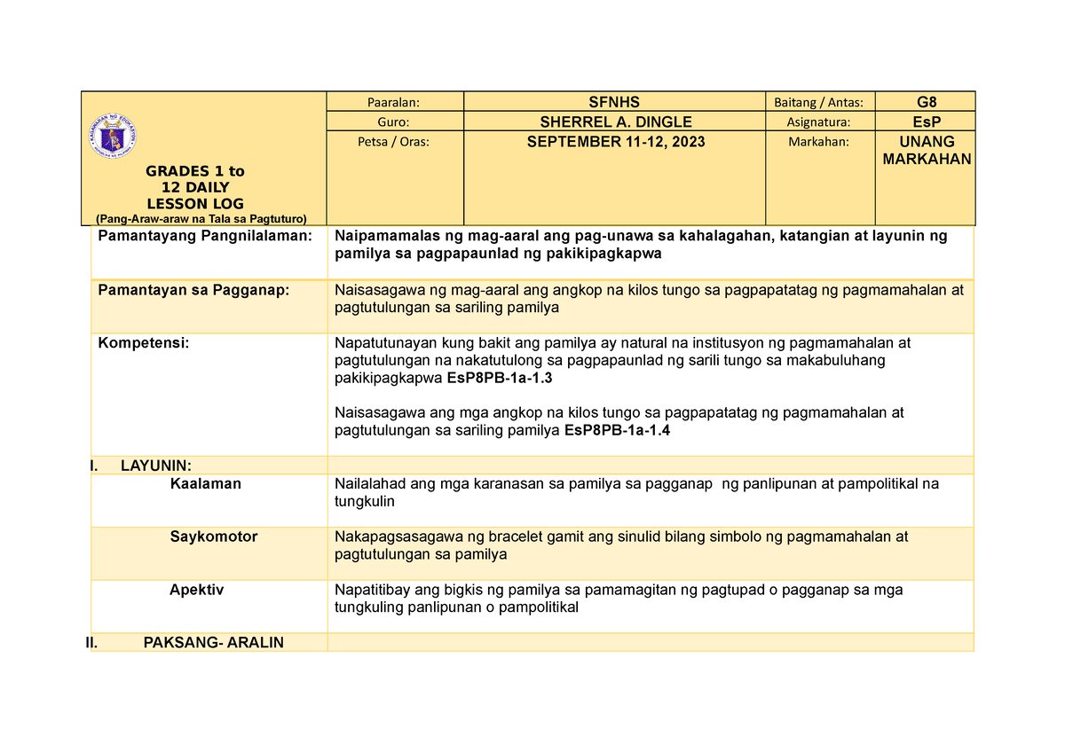 DLP ESP WEEK 2 - Lesson Plan - GRADES 1 To 12 DAILY LESSON LOG (Pang ...