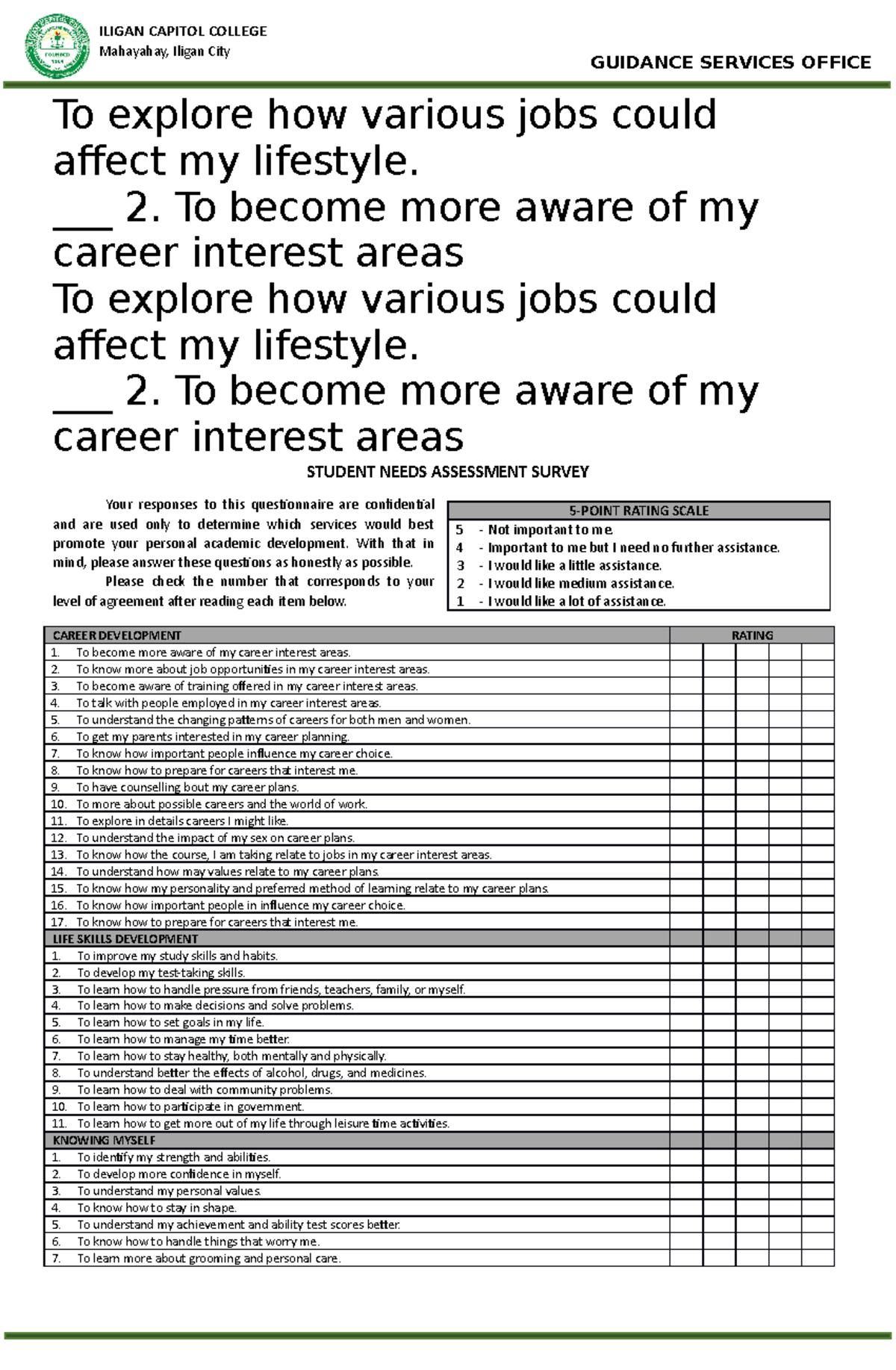 Student Needs Assesment Survey - To explore how various jobs could ...