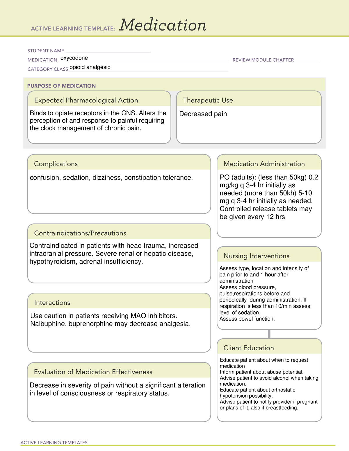 Oxycodone Medication ACTIVE LEARNING TEMPLATES Medication STUDENT