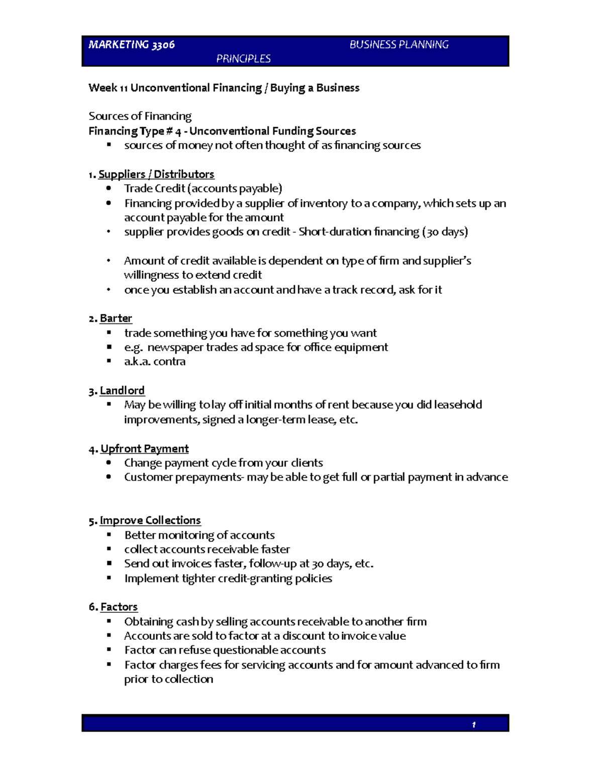 Bus Plan Week 11 Notes to Rick's lectures MARKETING 3306 BUSINESS
