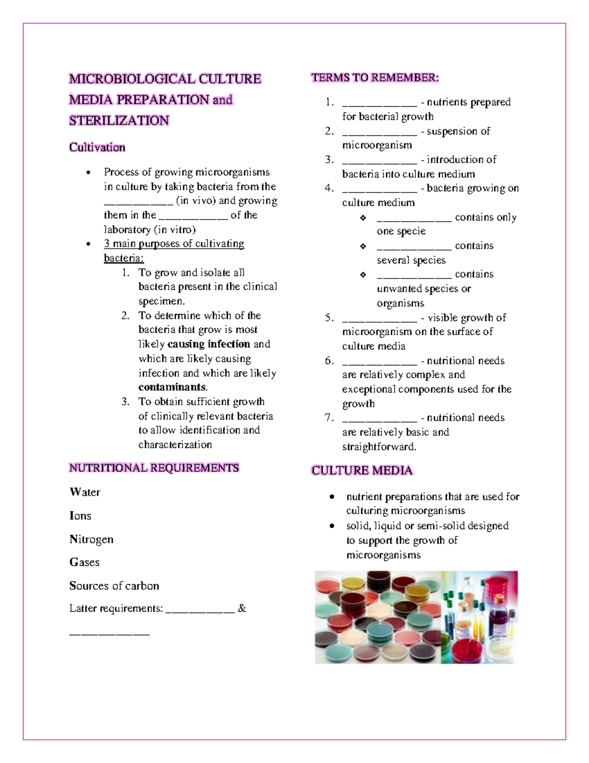 Bacteriology Laboratory Transes MICROBIOLOGICAL CULTURE MEDIA