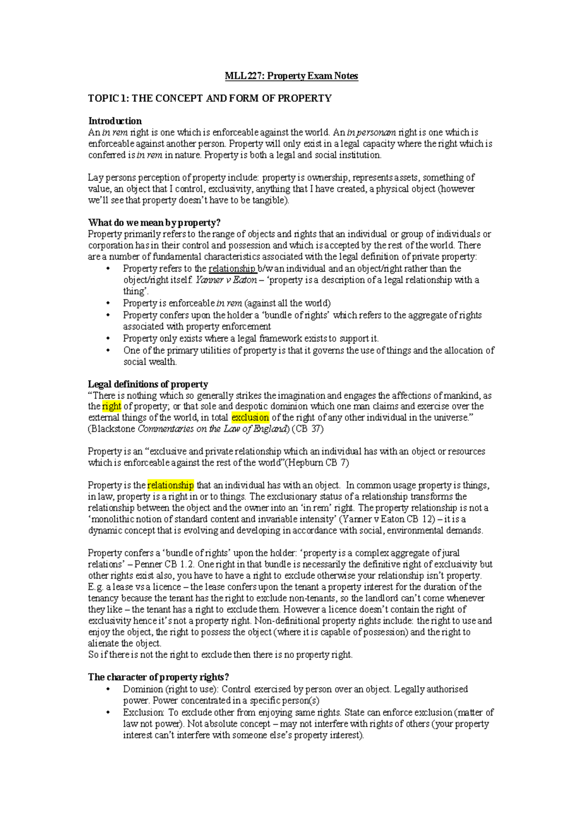 Exam Notes for property law - MLL227: Property Exam Notes TOPIC 1: THE ...