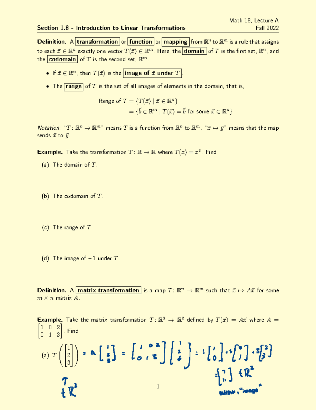 Math 18 Lecture Notes - Section 1 - Introduction to Linear ...