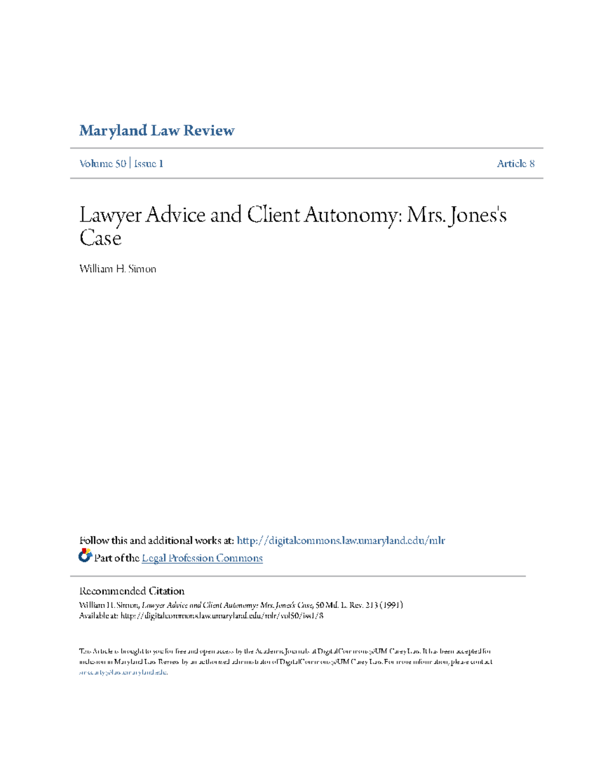 Lawyer Advice and Client Autonomy Mrs. Joness Case - Maryland Law ...