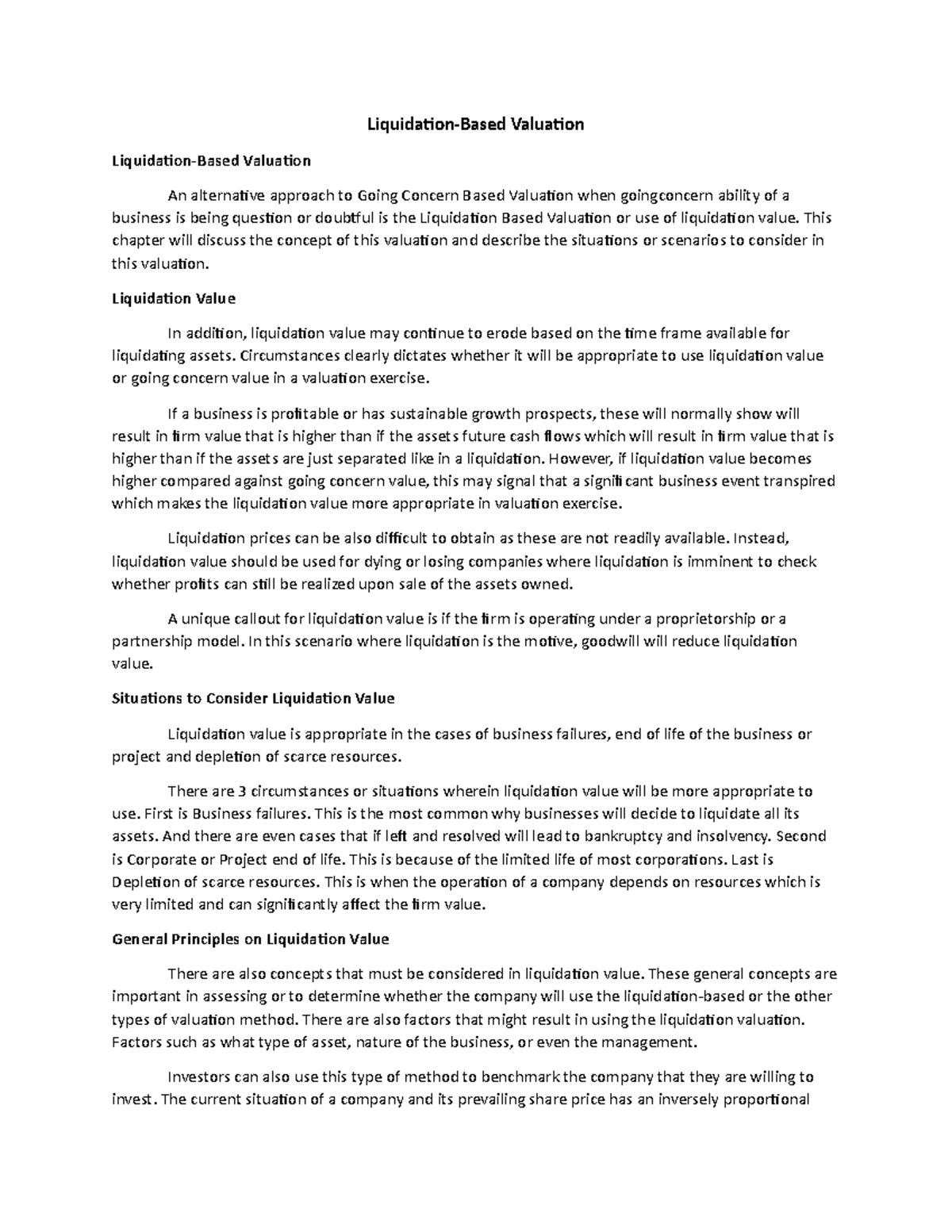 Liquidation based valuation - This chapter will discuss the concept of ...