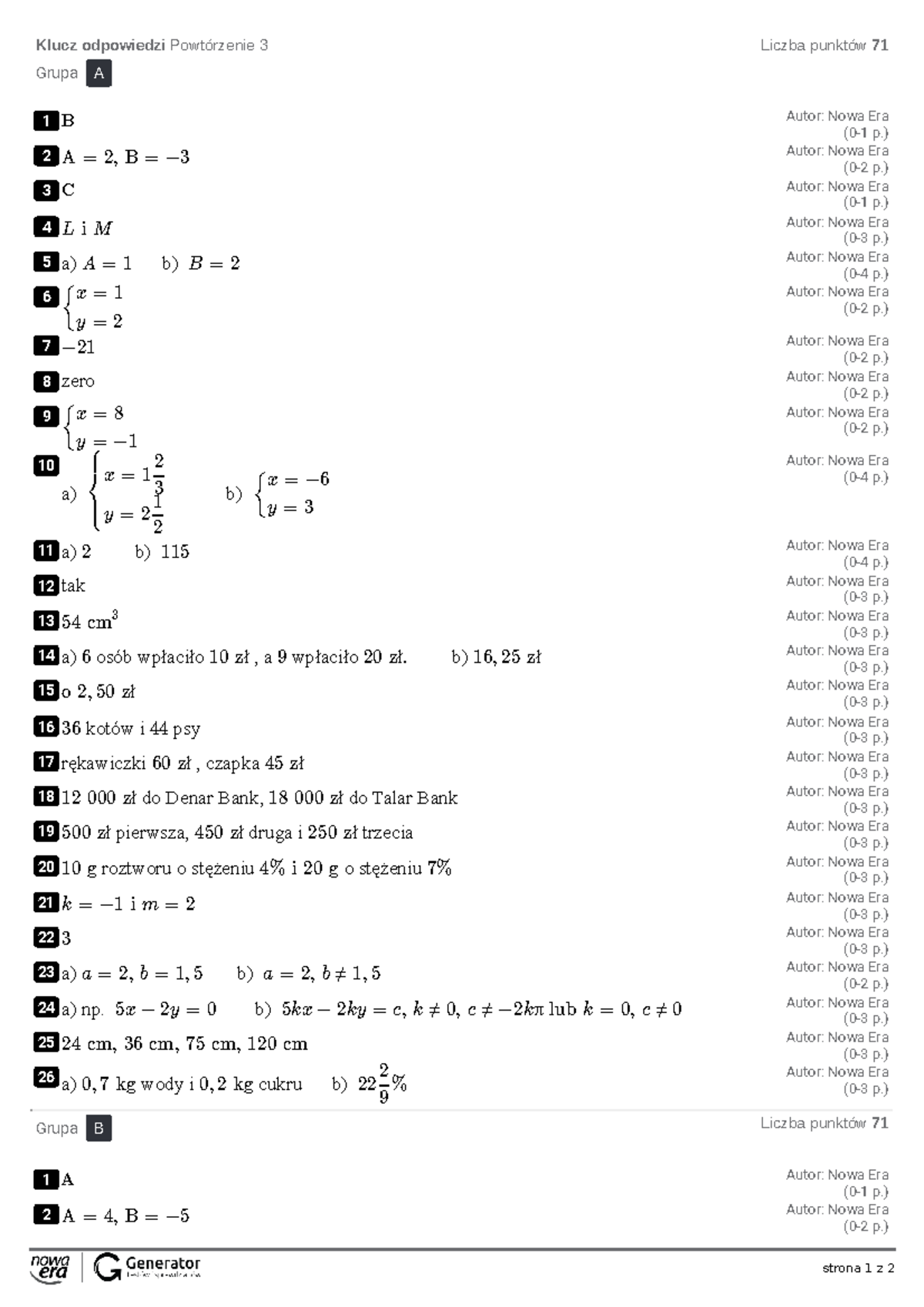 Odpowiedzi Układ Równań Sprawdzian 2 Gimnazjum www.studocu.com
