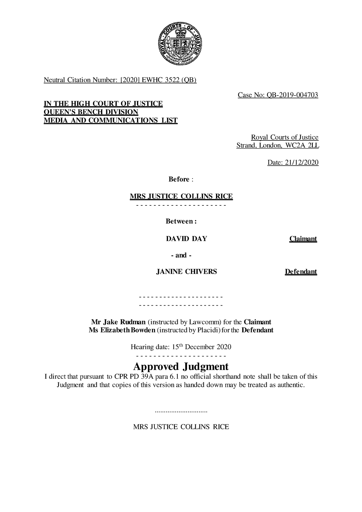 Day v Chivers - Judgement of a case - Neutral Citation Number: [2020 ...