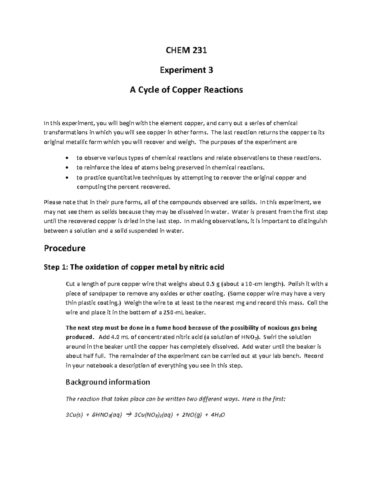 Lab 3 Cycle of Copper Reactions - CHEM 231 Experiment 3 A Cycle of ...