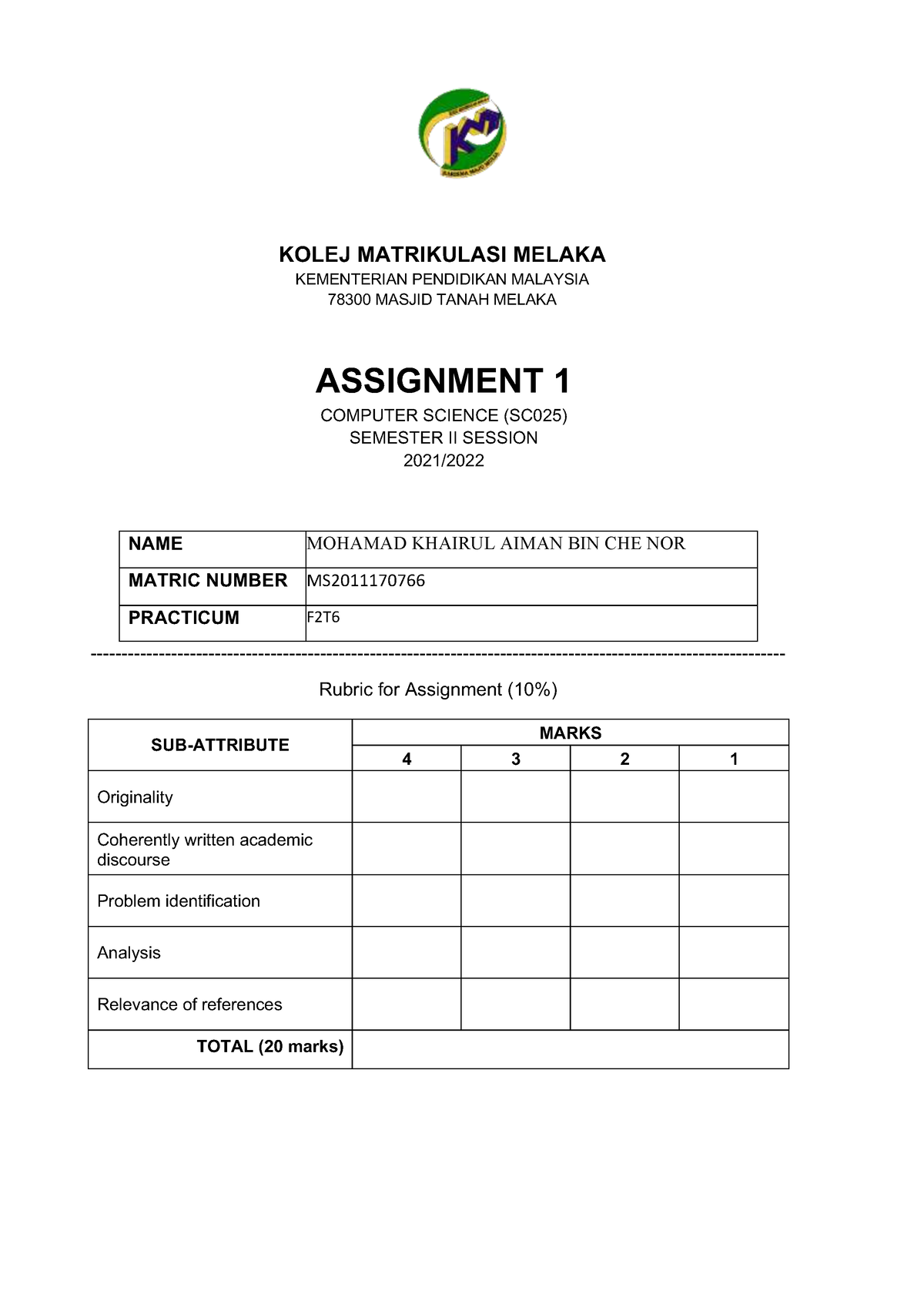 array assignment matriculation