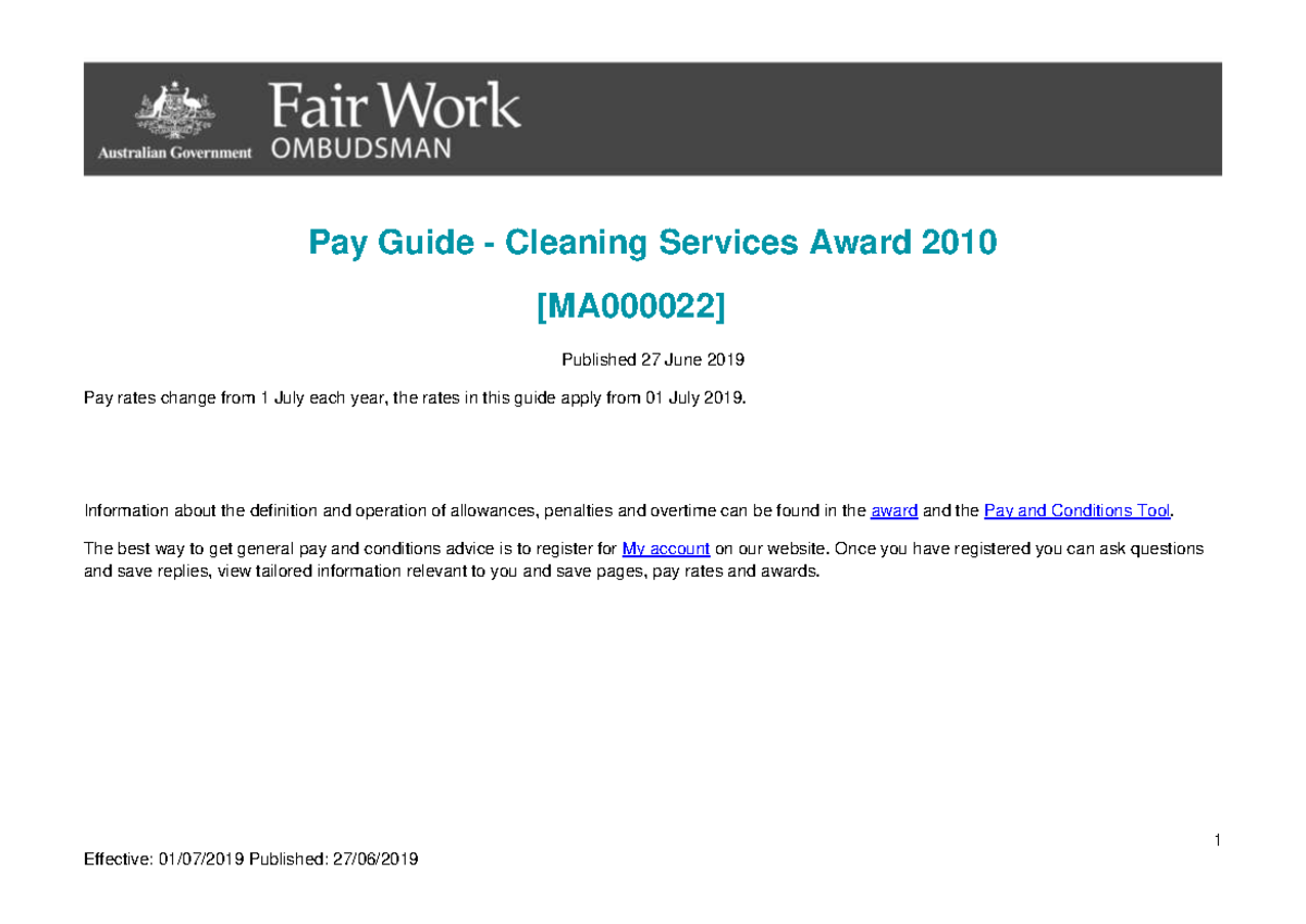 Bsbmgt 617 Handout (b) Cleaning services award 1 Pay Guide
