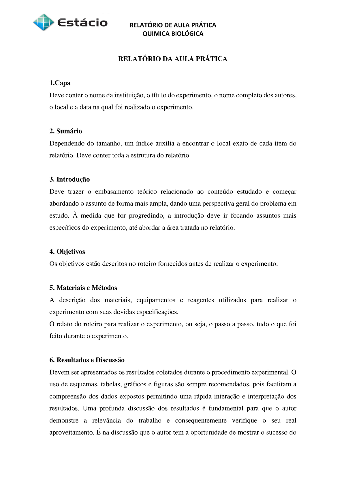 Roteiro Do Relato Rio De Pra Ticas Quimica Biolo Gica - RELAT”RIO DE ...